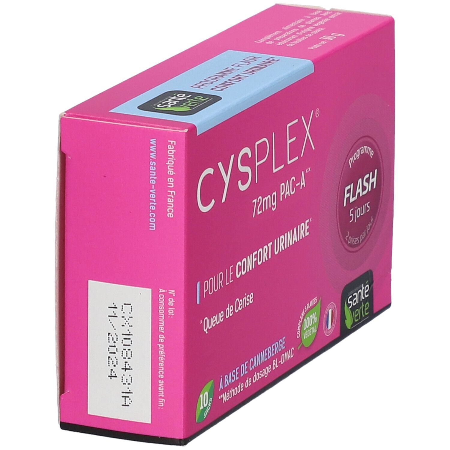 Boîte rose, en biais. Inscription: CYSPLEX, 72mg PAC-A, POUR LE CONFORT URINAIRE. Avec date de péremption.