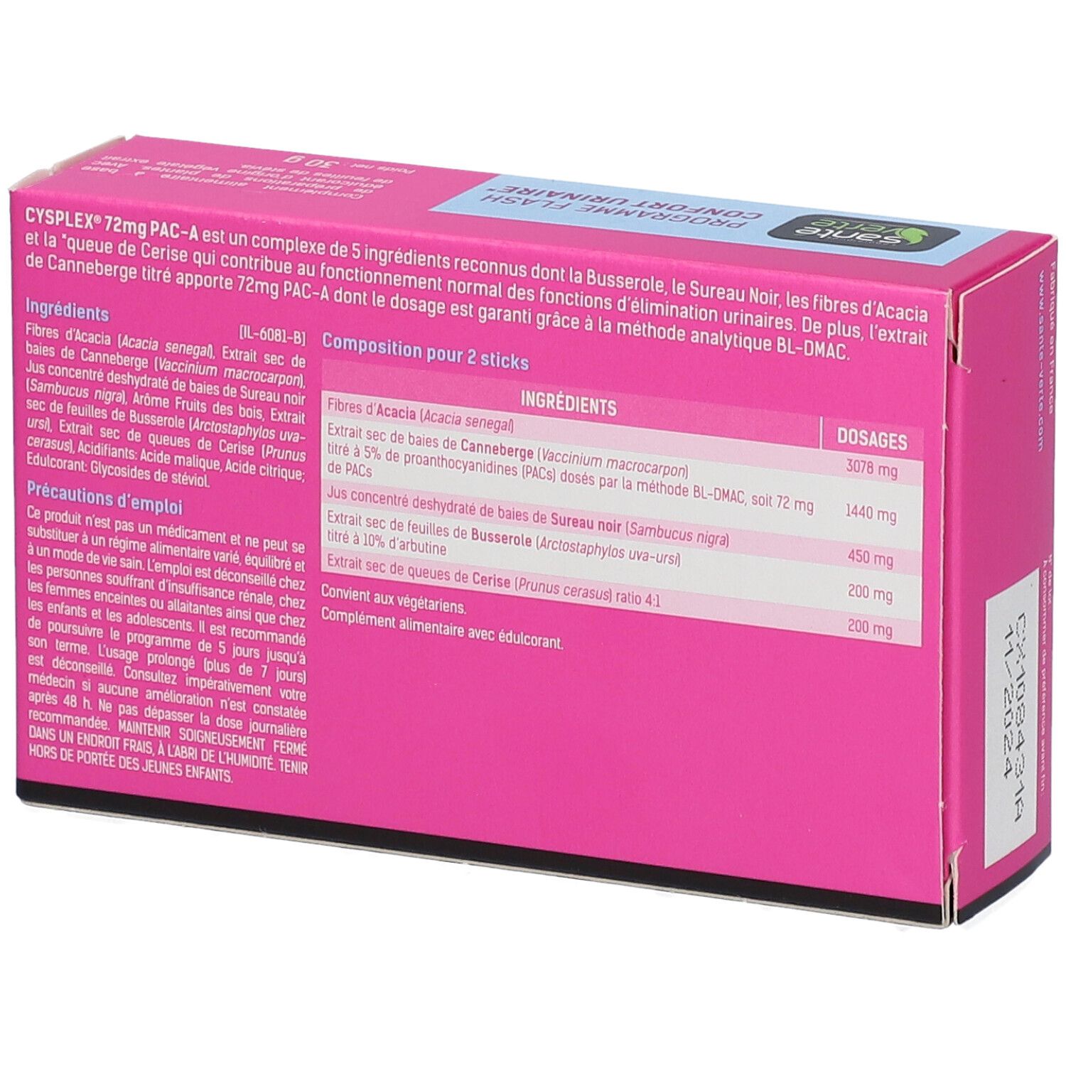 Dos de la boîte rose. Texte: Ingrédients, dosages, précautions. Avec liste des ingrédients et dosage.