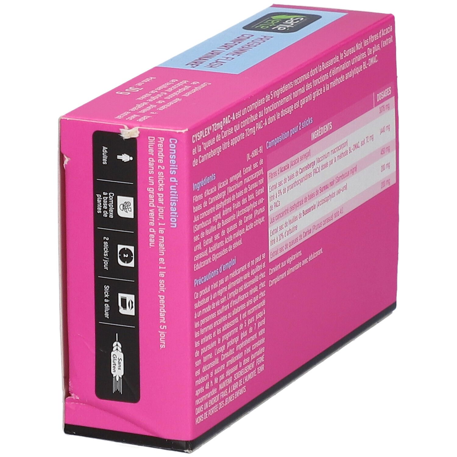 Boîte rose en biais. Texte: Conseils d'utilisation, ingrédients, dosages. Avec instructions.