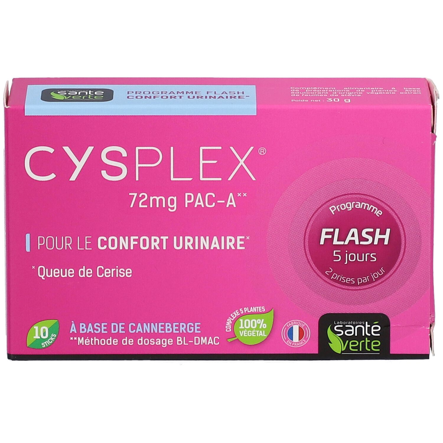 Boîte rose avec texte blanc. Inscription: CYSPLEX, 72mg PAC-A, POUR LE CONFORT URINAIRE. 10 sticks.