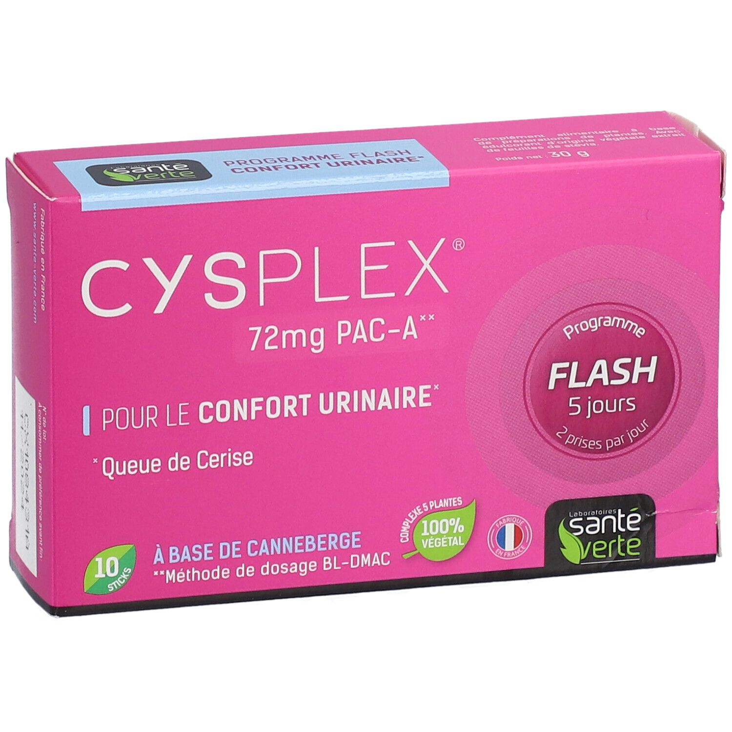 Boîte rose avec texte blanc. Inscription: CYSPLEX, 72mg PAC-A, POUR LE CONFORT URINAIRE. 10 sticks.