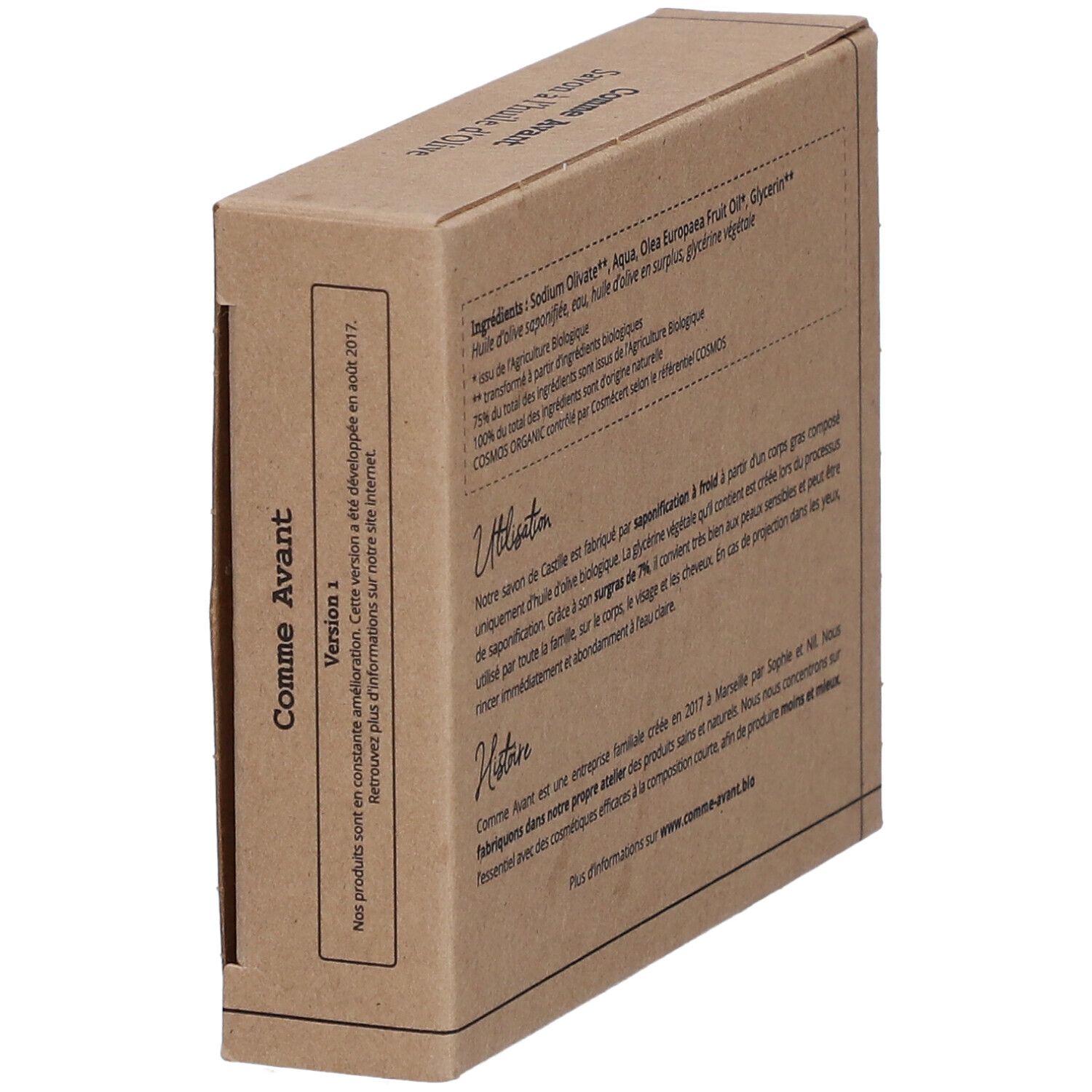 Kartonverpackung, schräg von der Seite. Text auf der Rückseite sichtbar. Zutaten und Anwendungshinweise.