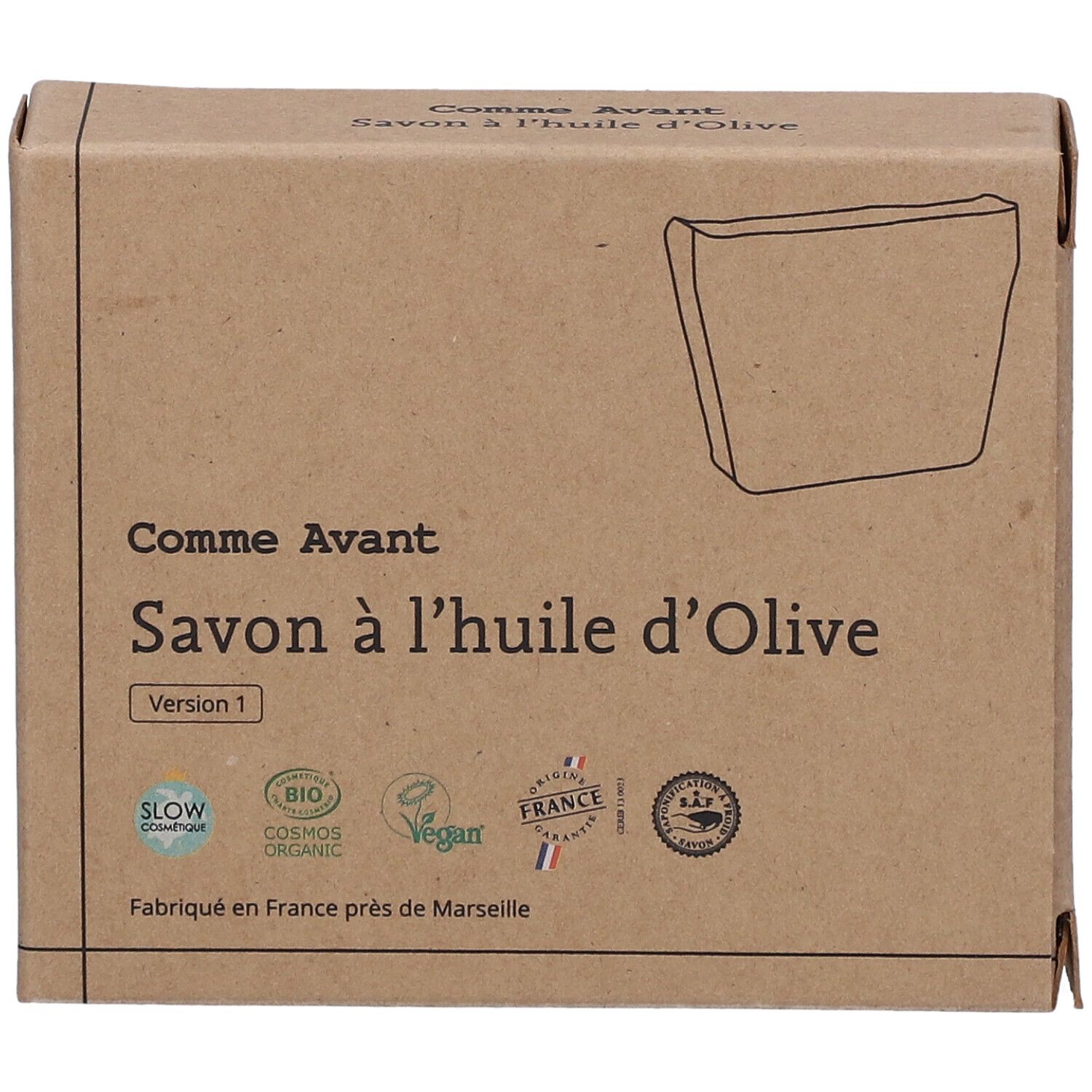 Kartonverpackung mit Produktnamen und Logos. Aufschrift: Savon à l'huile d'Olive. Bio- und Vegan-Siegel.