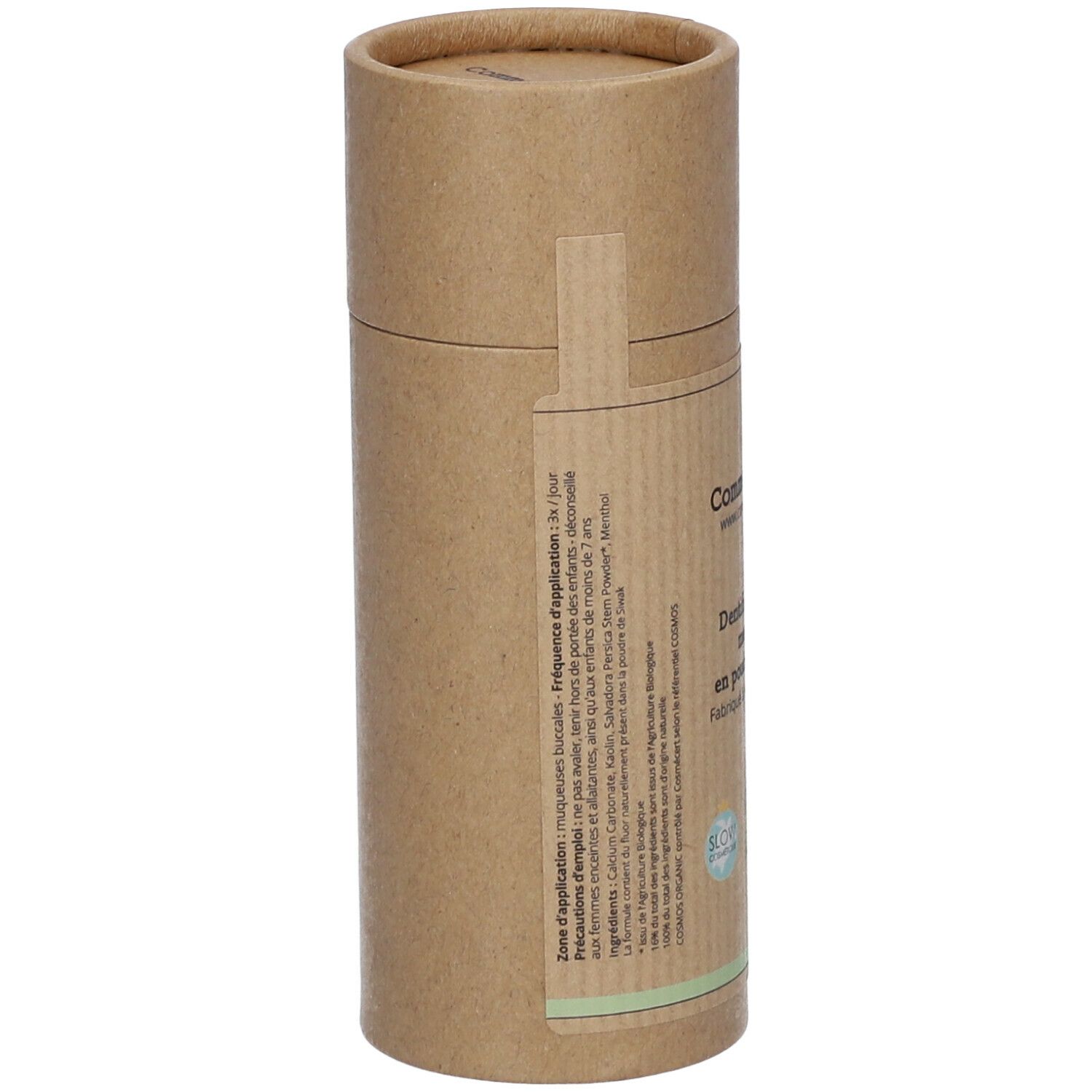 Emballage cylindrique en carton. Inscriptions avec informations produit et label bio. Bande verte en bas.