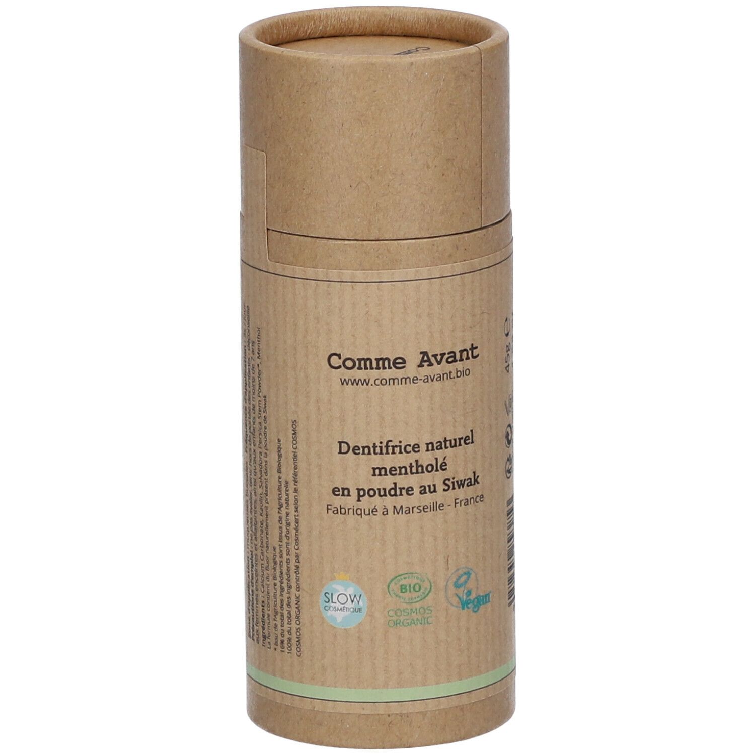 Emballage en carton de poudre dentifrice. Inscription: Comme Avant, Dentifrice naturel mentholé en poudre au Siwak. Label Bio.