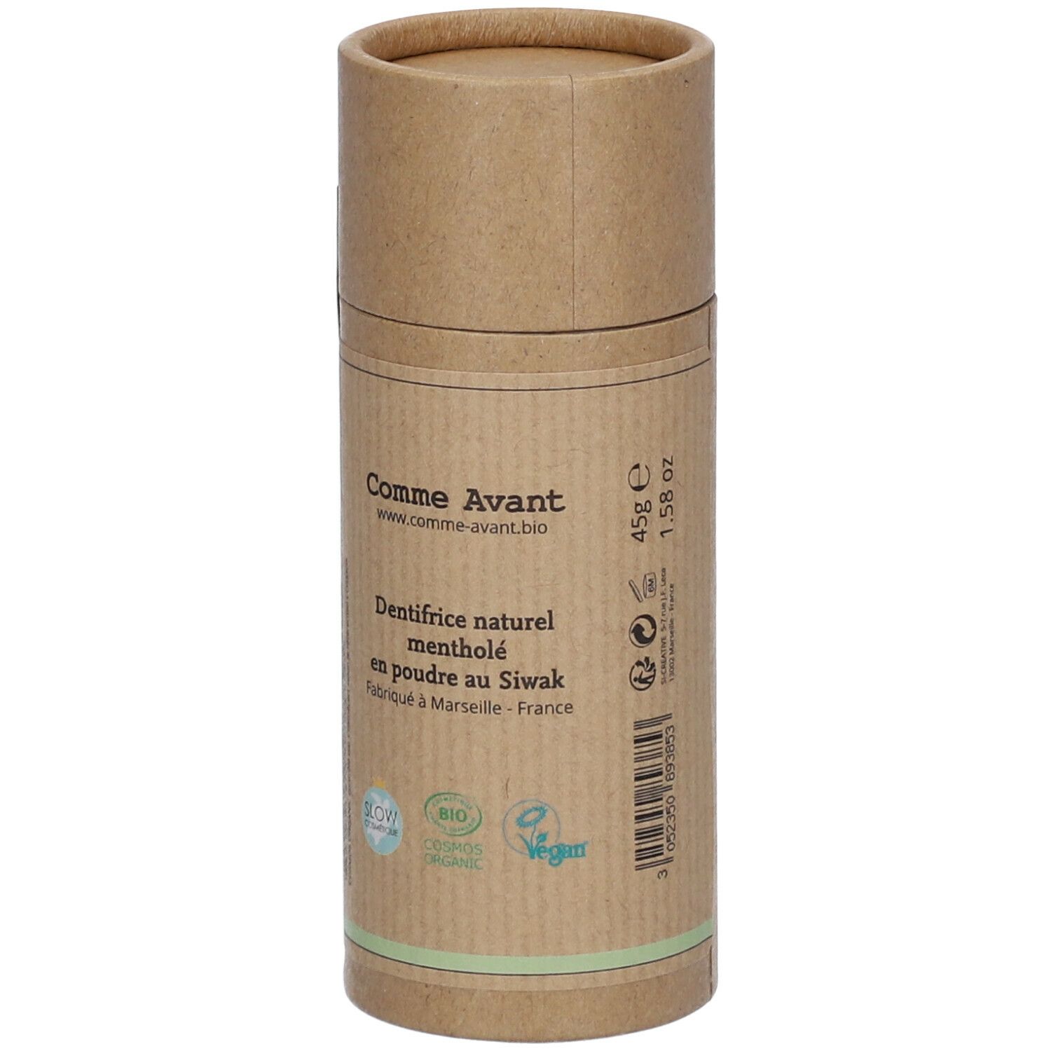 Emballage en carton de poudre dentifrice. Inscription: Comme Avant, Dentifrice naturel mentholé en poudre au Siwak. Label Bio.