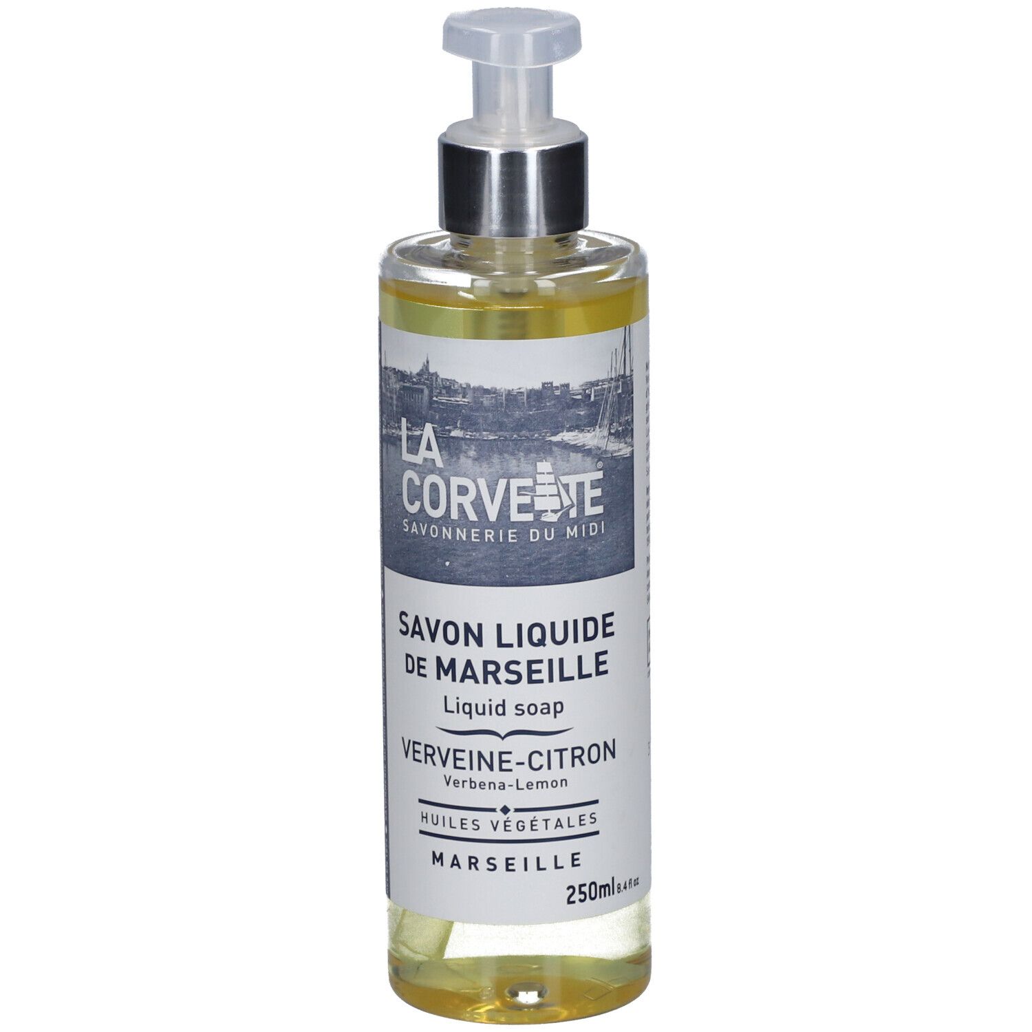 Flacon de savon liquide transparent avec pompe. Inscriptions : LA CORVETTE, Savon liquide de Marseille, Verveine-Citron.