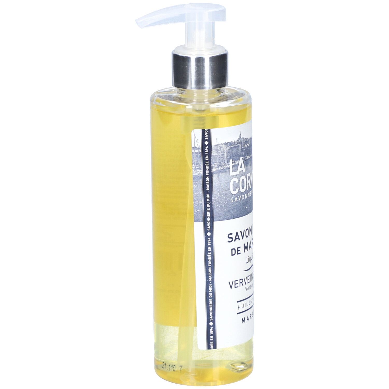 Flacon transparent de savon liquide avec pompe. Étiquette avec texte. LA CORVETTE, Savon liquide de Marseille, Verveine-Citron.