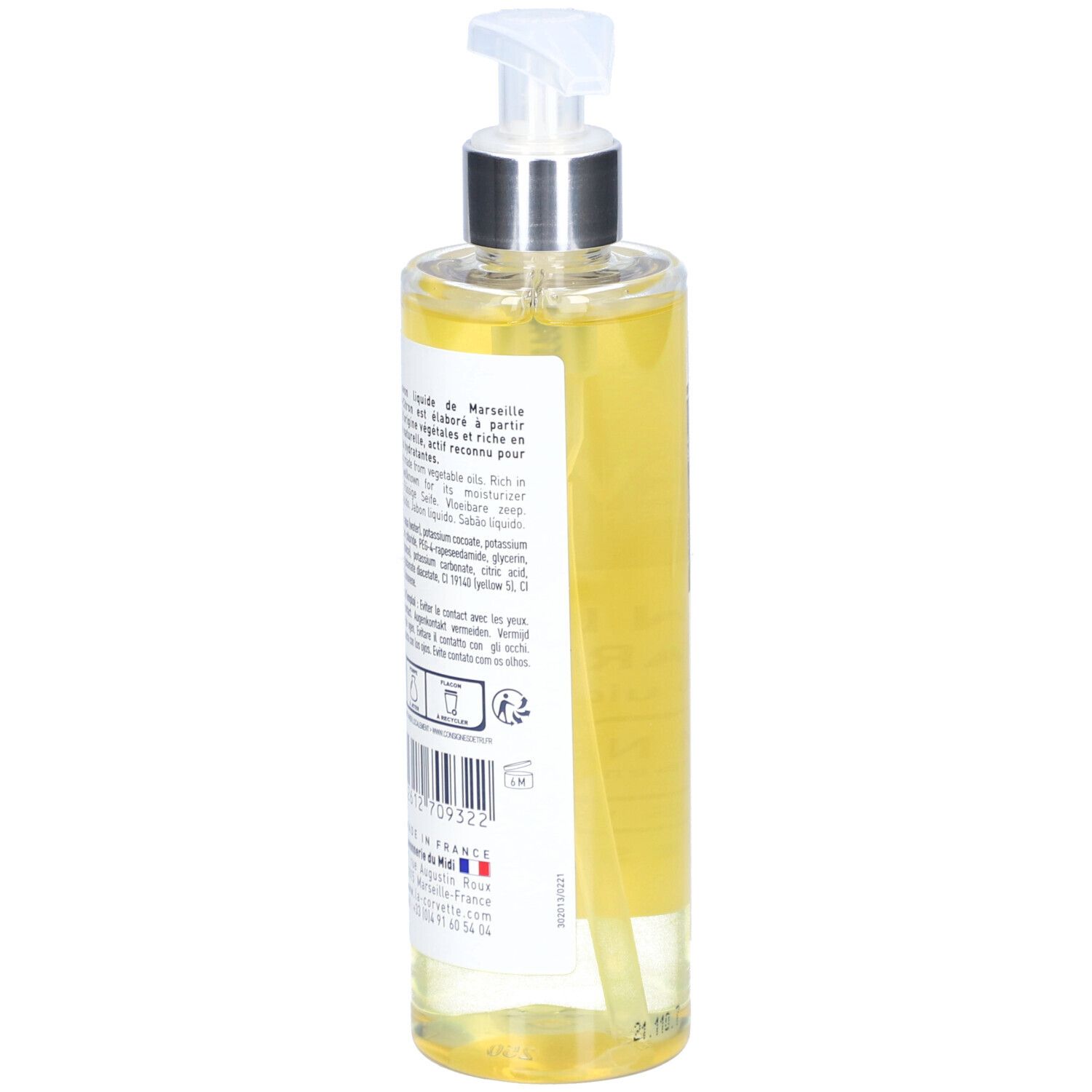 Vue arrière d'un flacon de savon liquide. Étiquette avec texte et code-barres. Contient des informations sur les ingrédients et le fabricant.