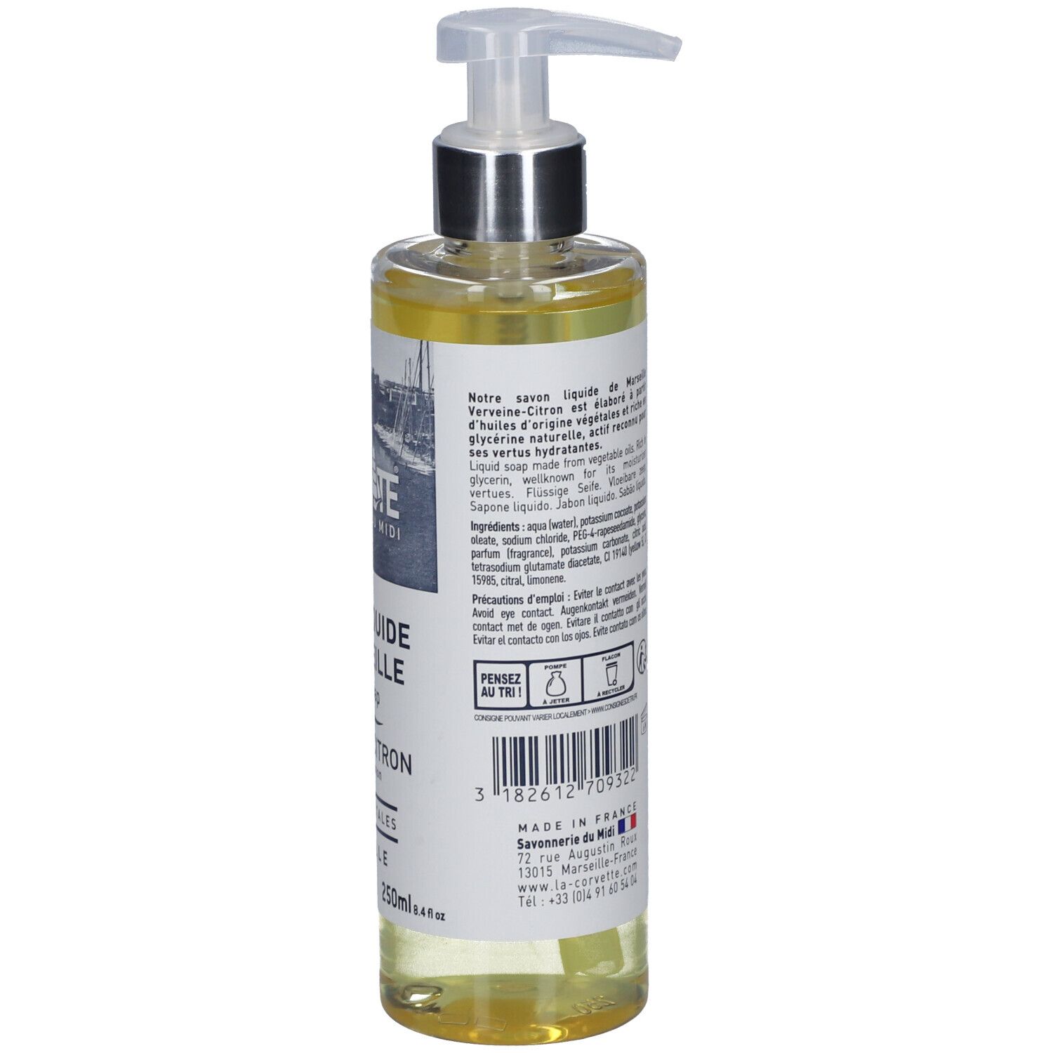 Vue arrière d'un flacon de savon liquide. Étiquette avec texte et code-barres. Contient des informations sur les ingrédients et le fabricant.
