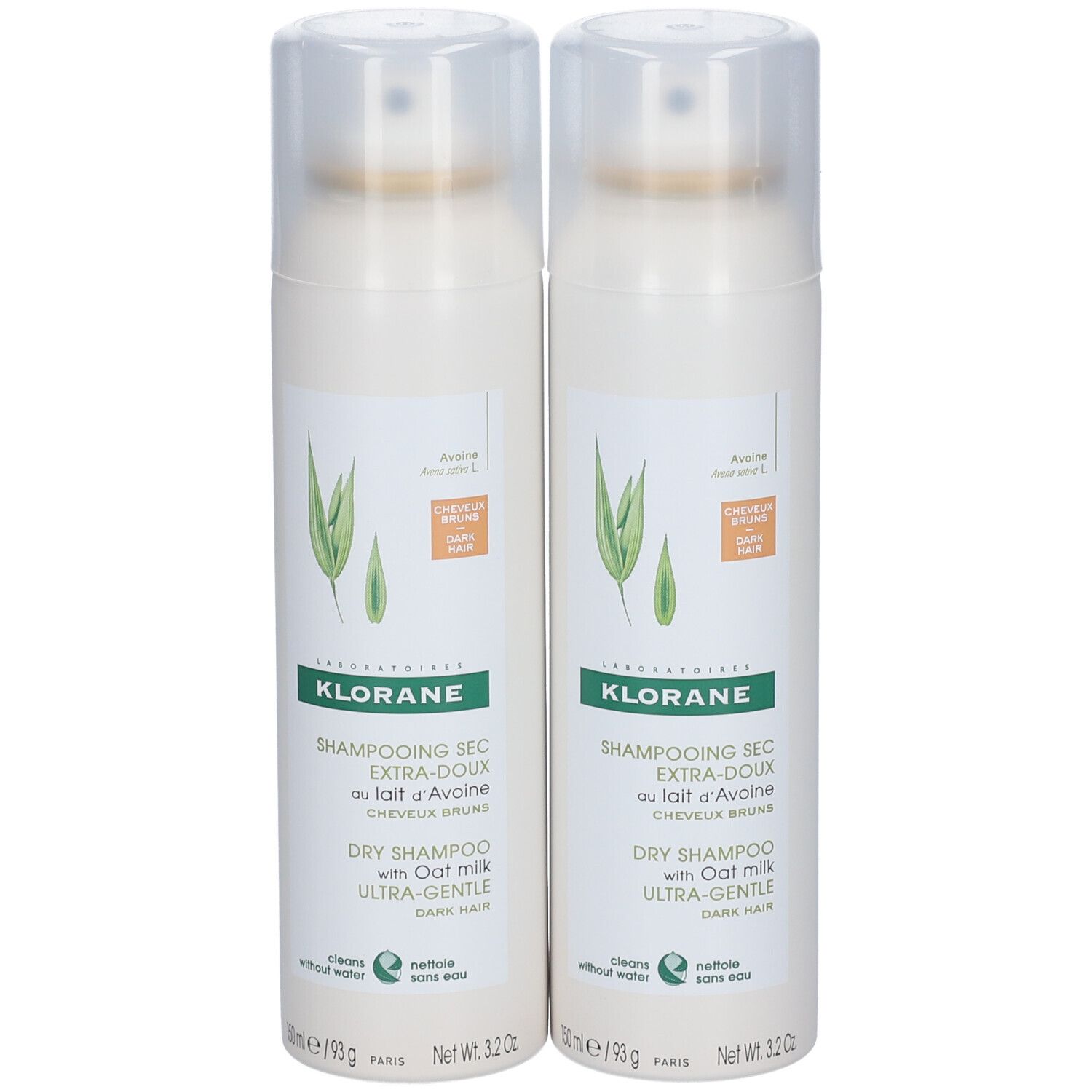 Deux flacons de shampooing sec à l'avoine. Flacons blancs avec vaporisateur et étiquette. Inscription : KLORANE, Dry Shampoo.