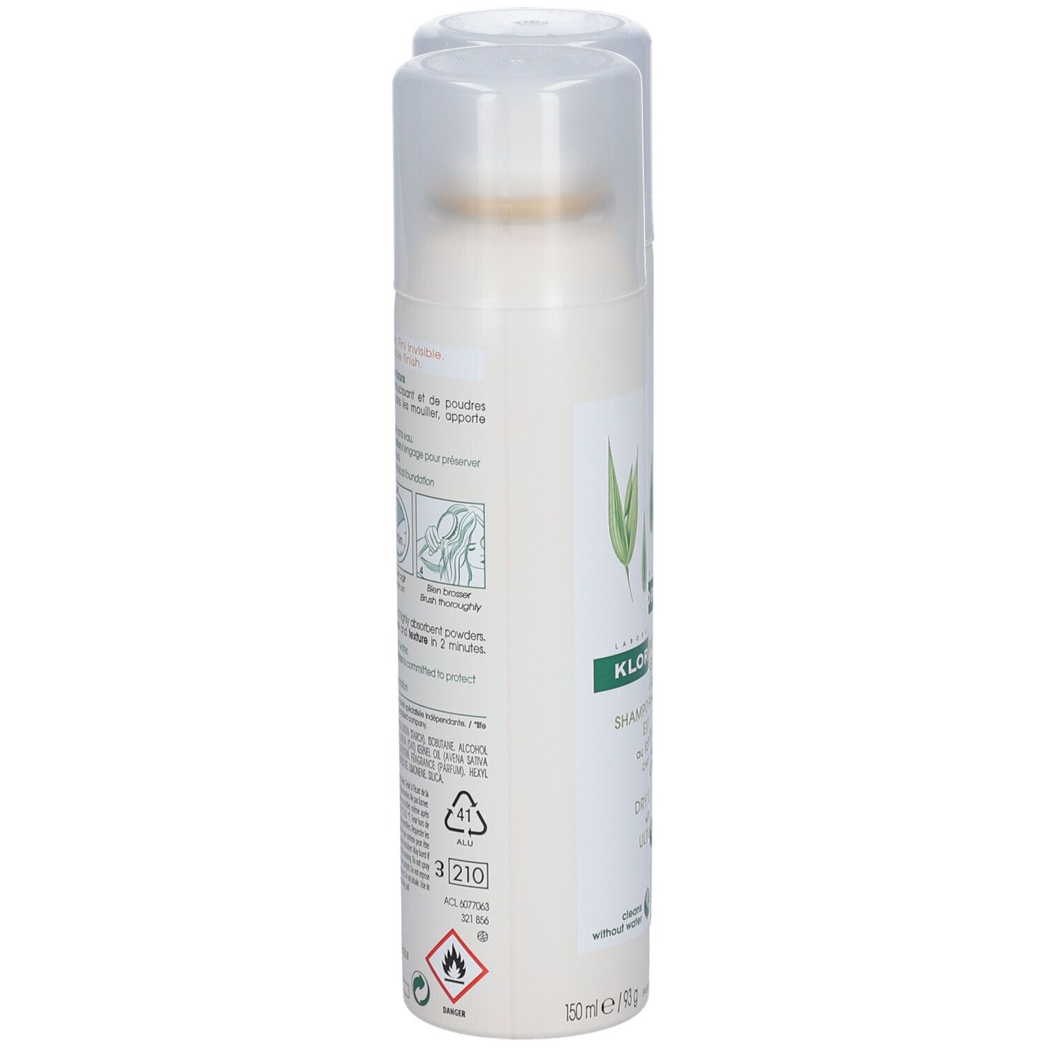 Un flacon de shampooing sec à l'avoine. Flacon blanc avec vaporisateur et étiquette. Inscription : KLORANE, Dry Shampoo.