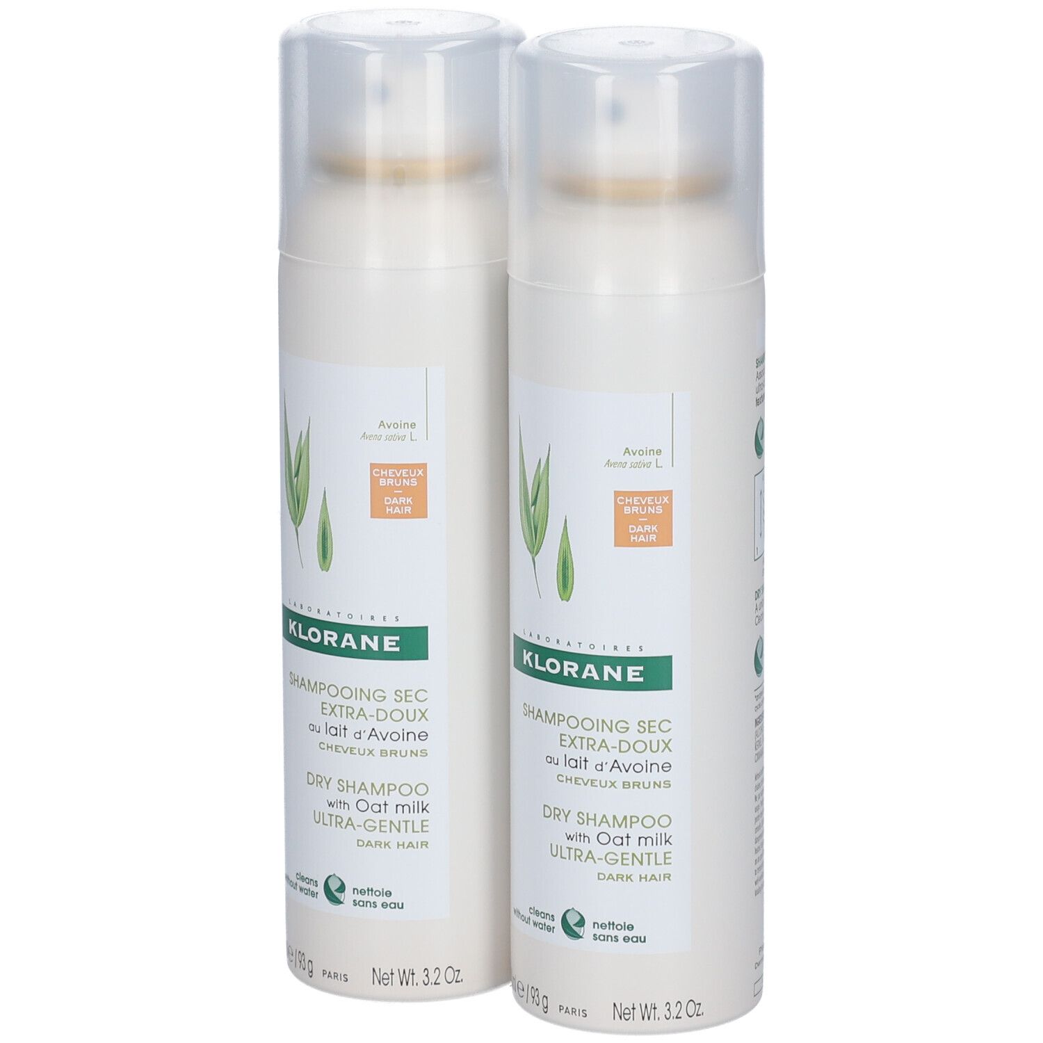 Deux flacons de shampooing sec à l'avoine. Flacons blancs avec vaporisateur et étiquette. Inscription : KLORANE, Dry Shampoo.