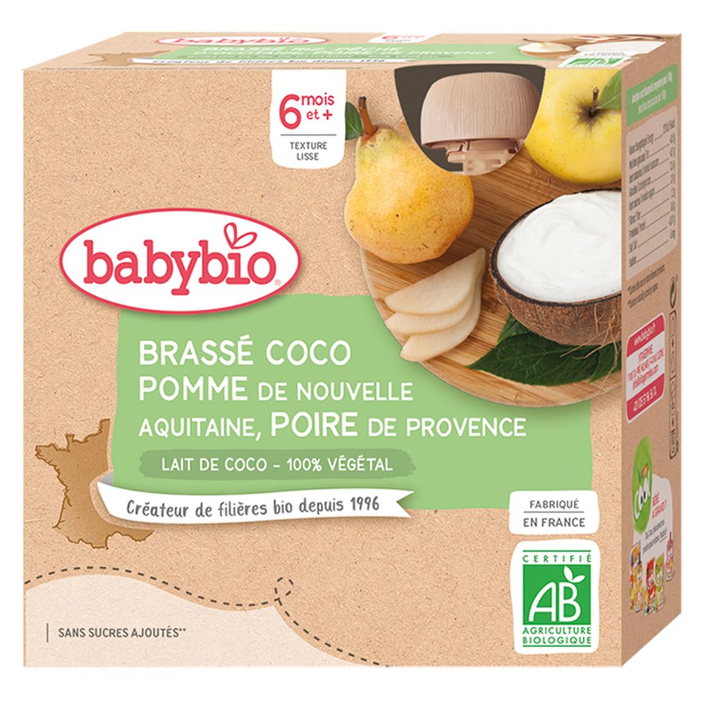 Boîte Babybio. Brassé Coco, Pomme Nouvelle-Aquitaine, Poire de Provence. 6 mois et +. Label AB. Sans sucres ajoutés.
