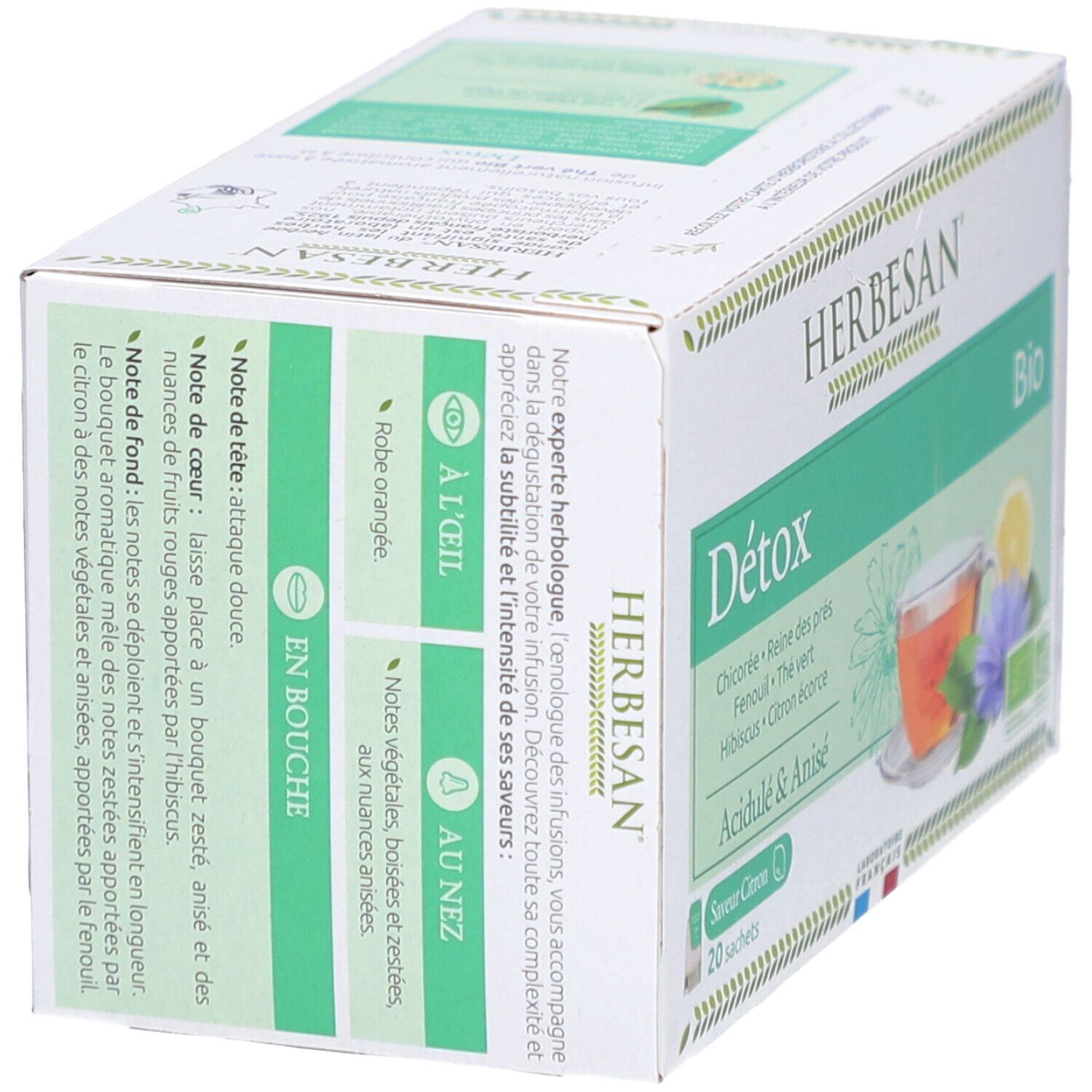 Schachtel Herbesan Bio Detox Tee. Seitenansicht mit Text über Geschmack und Inhaltsstoffe. Bio-Zertifizierung.