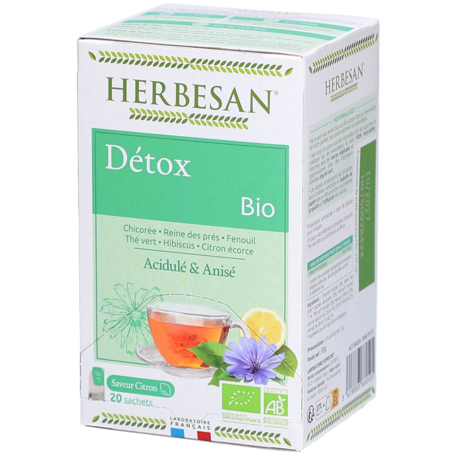 Schachtel Herbesan Bio Detox Tee. Vorderseite mit Tasse Tee, Zitrone und Blume. Bio-Zertifizierung. 20 Beutel.