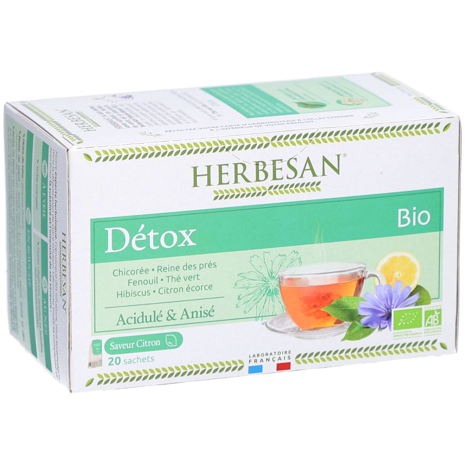 Schachtel Herbesan Bio Detox Tee. Vorderseite mit Tasse Tee, Zitrone und Blume. 20 Beutel. Bio-Zertifizierung.