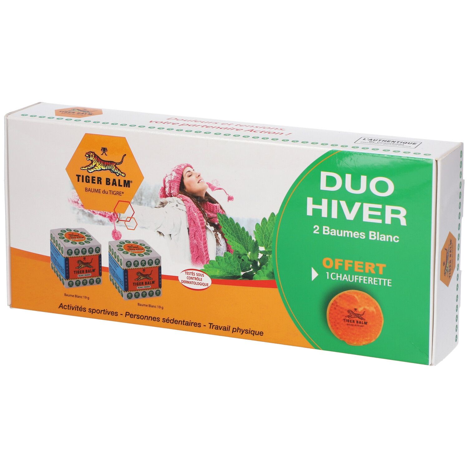 Coffret DUO Hiver. Deux baumes blancs, boule orange offerte, femme avec bonnet. Inscription 'Tiger Balm'.
