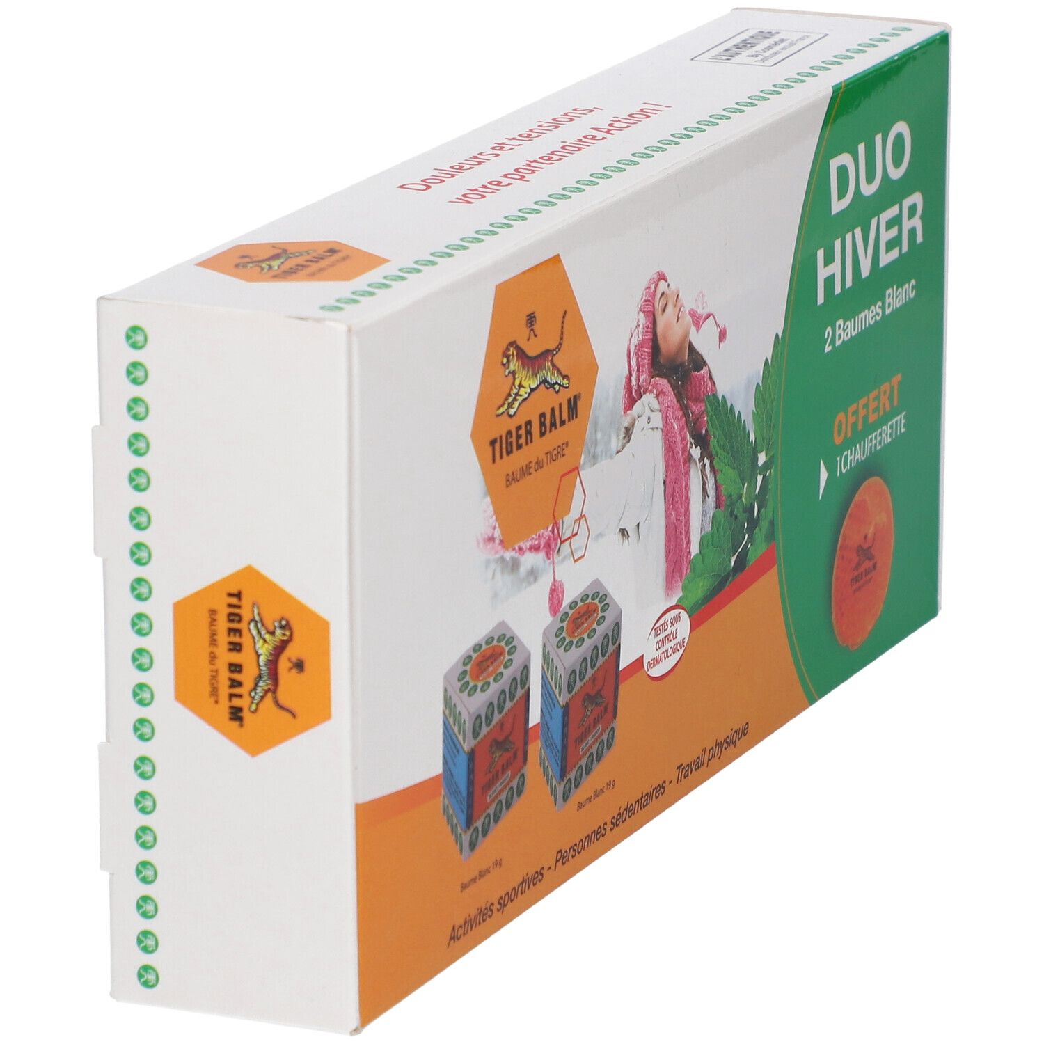 Vue latérale du coffret DUO Hiver. Logo 'Tiger Balm'. Éléments verts et oranges sur l'emballage.
