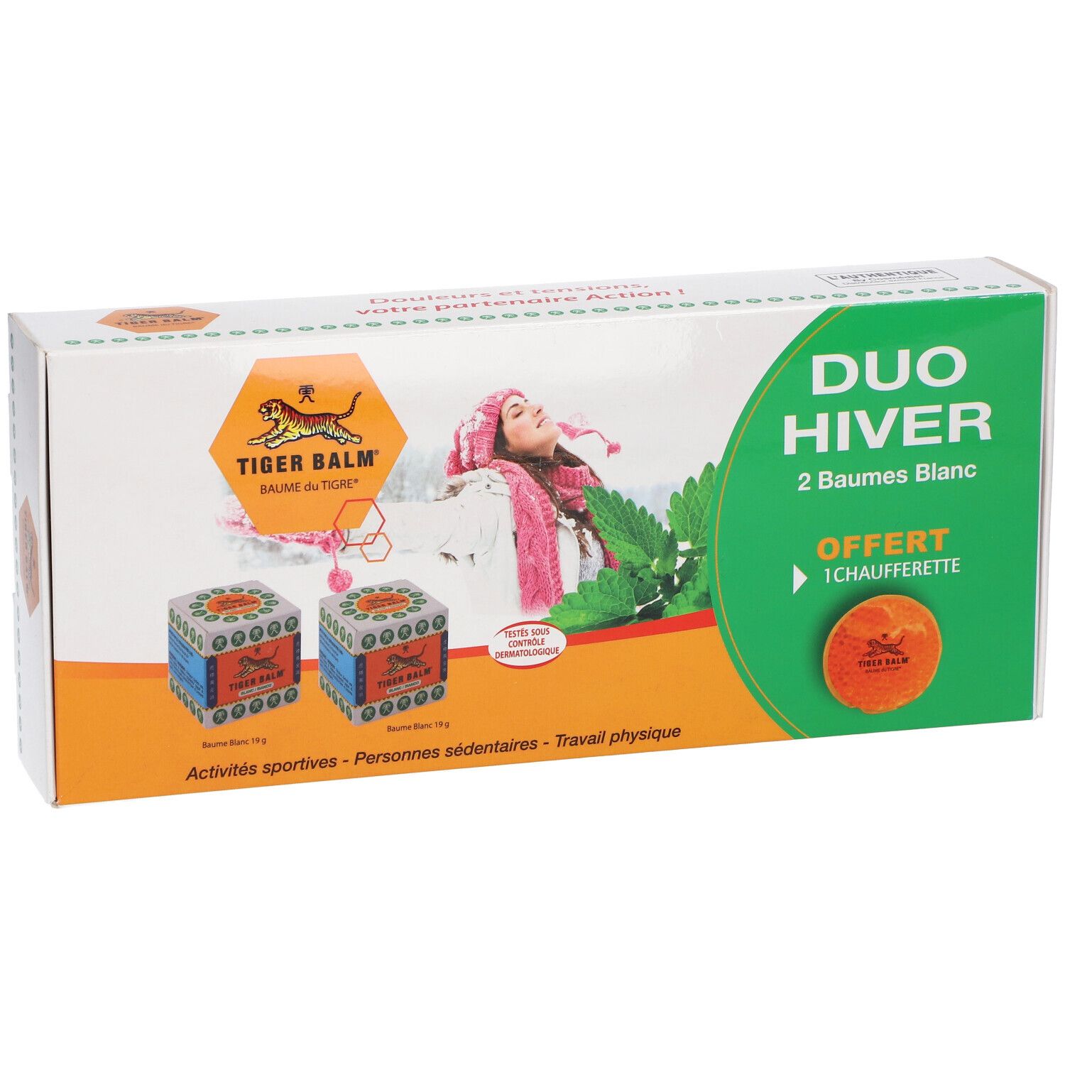 Coffret DUO Hiver. Deux baumes, boule orange offerte, femme avec bonnet. Logo 'Tiger Balm' et nom du produit.