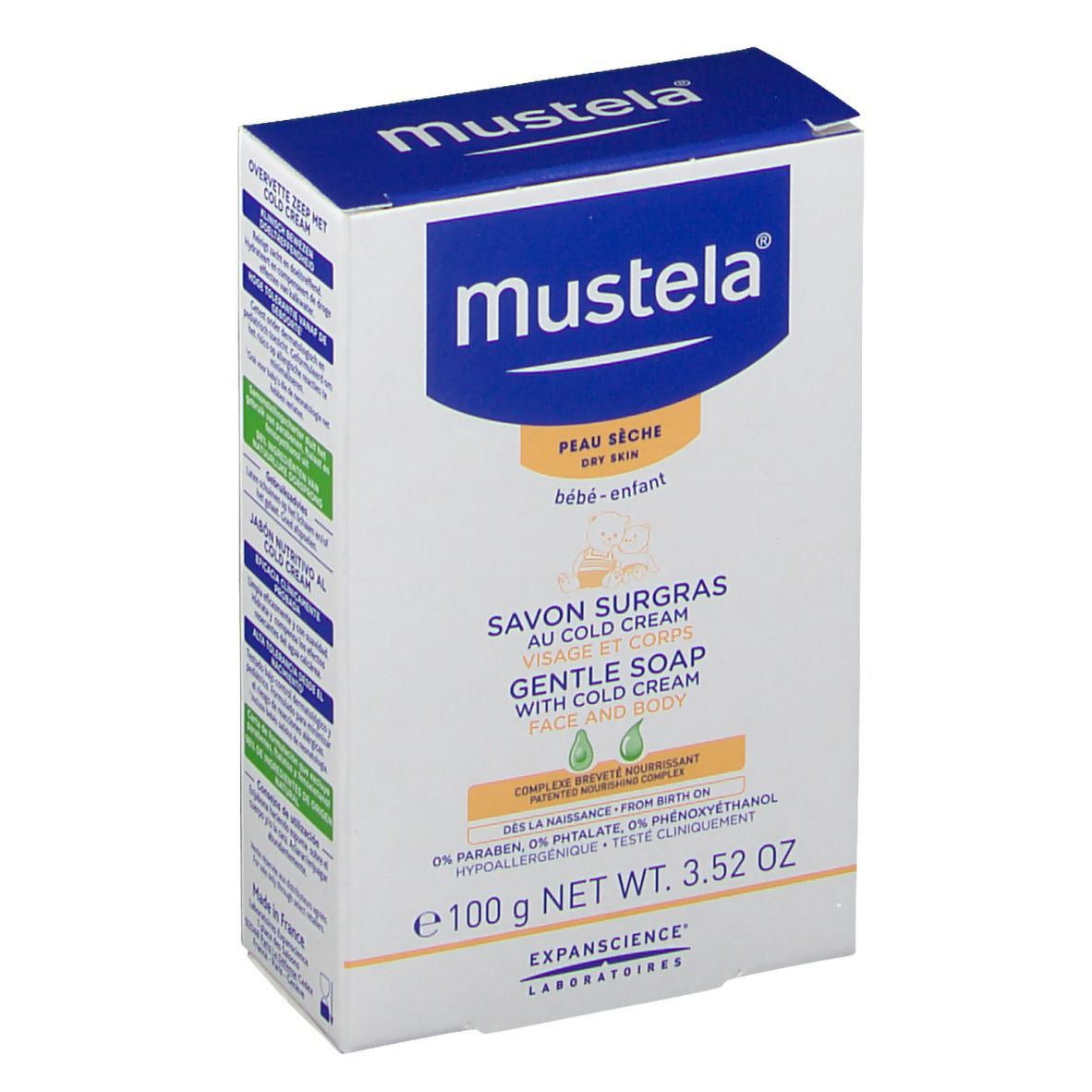 Boîte de savon Mustela. Inscription : "Savon surgras au Cold Cream". Pour le visage et le corps. Peau sèche, bébé.