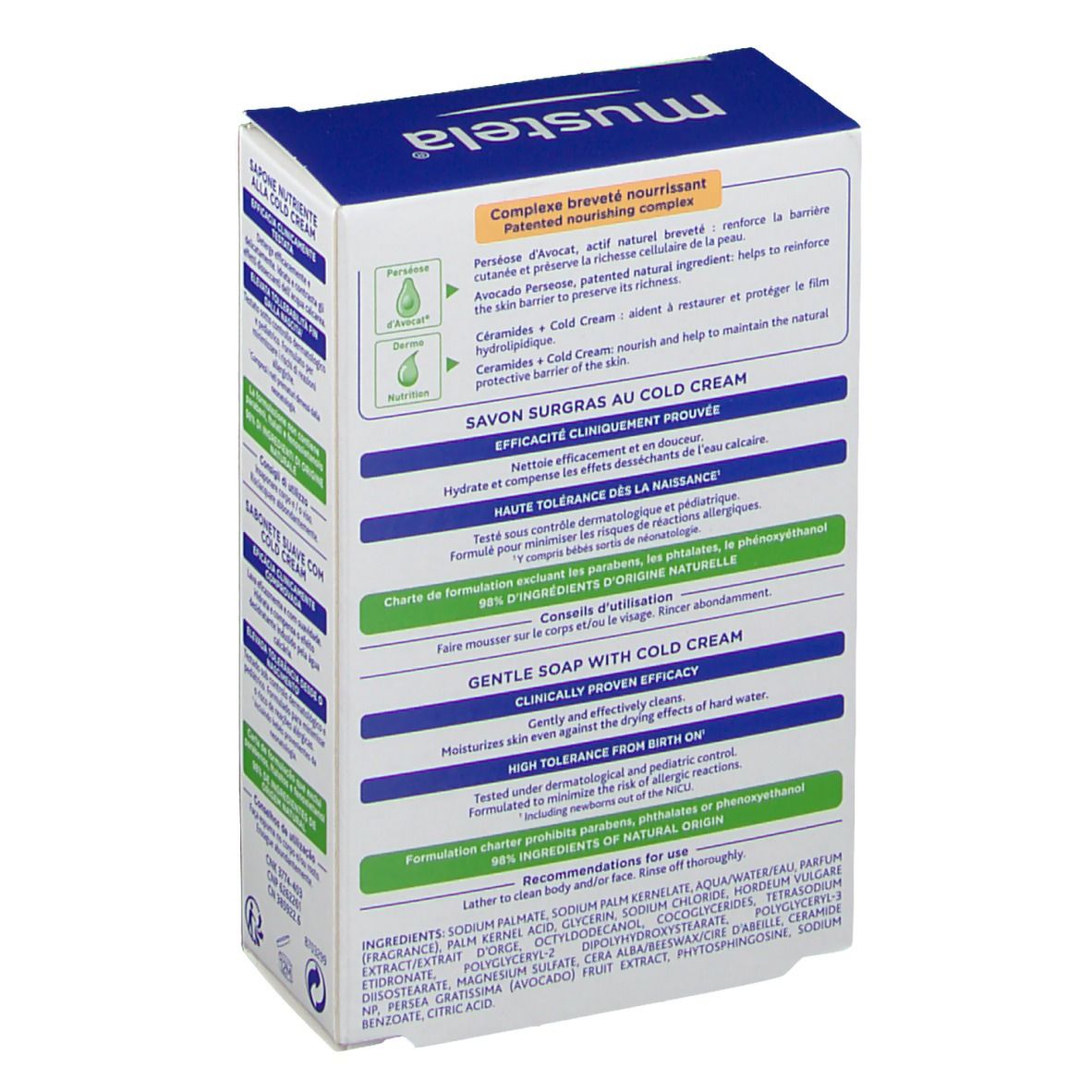 Dos de l'emballage du savon Mustela. Texte sur les ingrédients, l'utilisation et les propriétés. Pour peaux sèches et bébés.