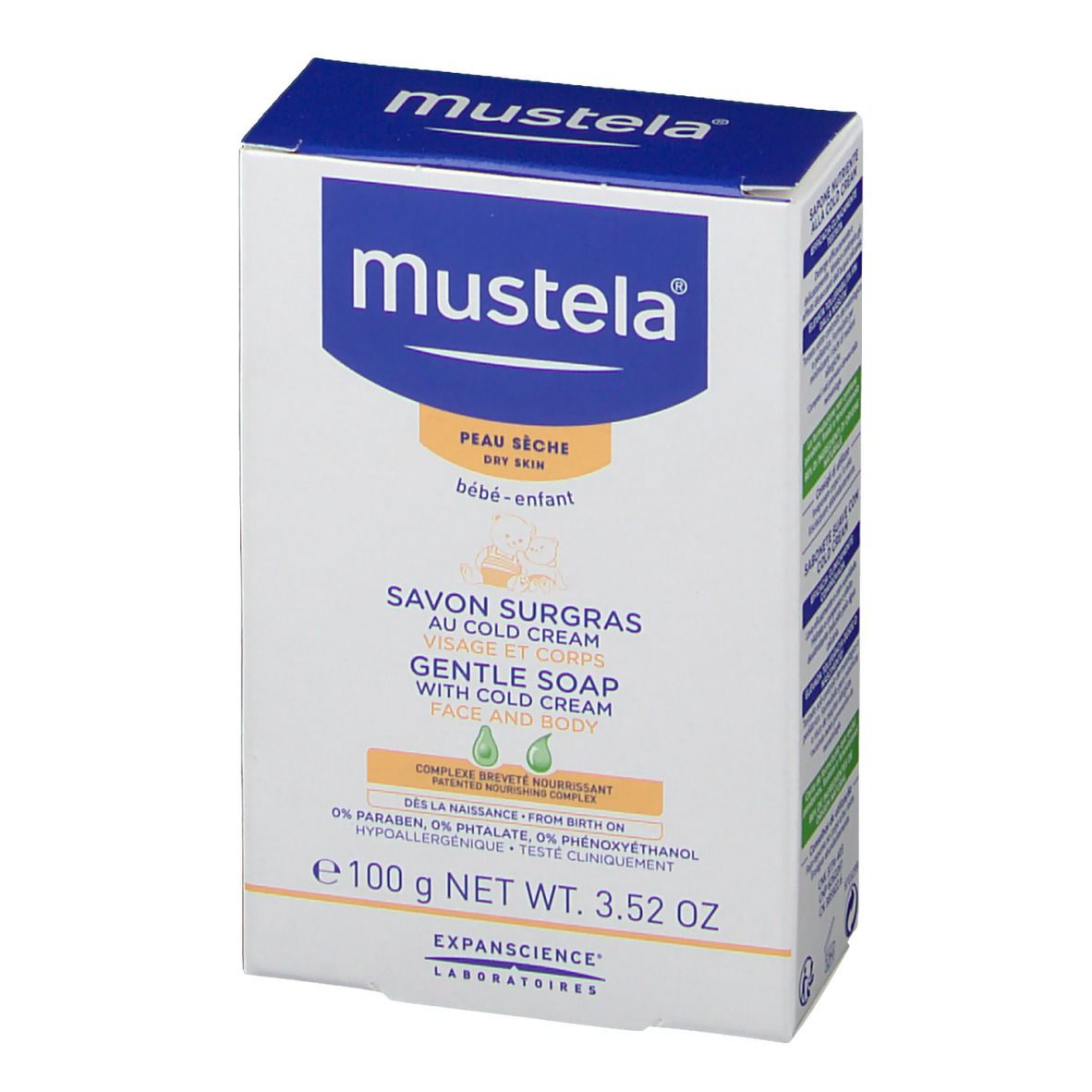 Boîte de savon Mustela. Inscription : "Savon surgras au Cold Cream". Pour le visage et le corps. Peau sèche, bébé.