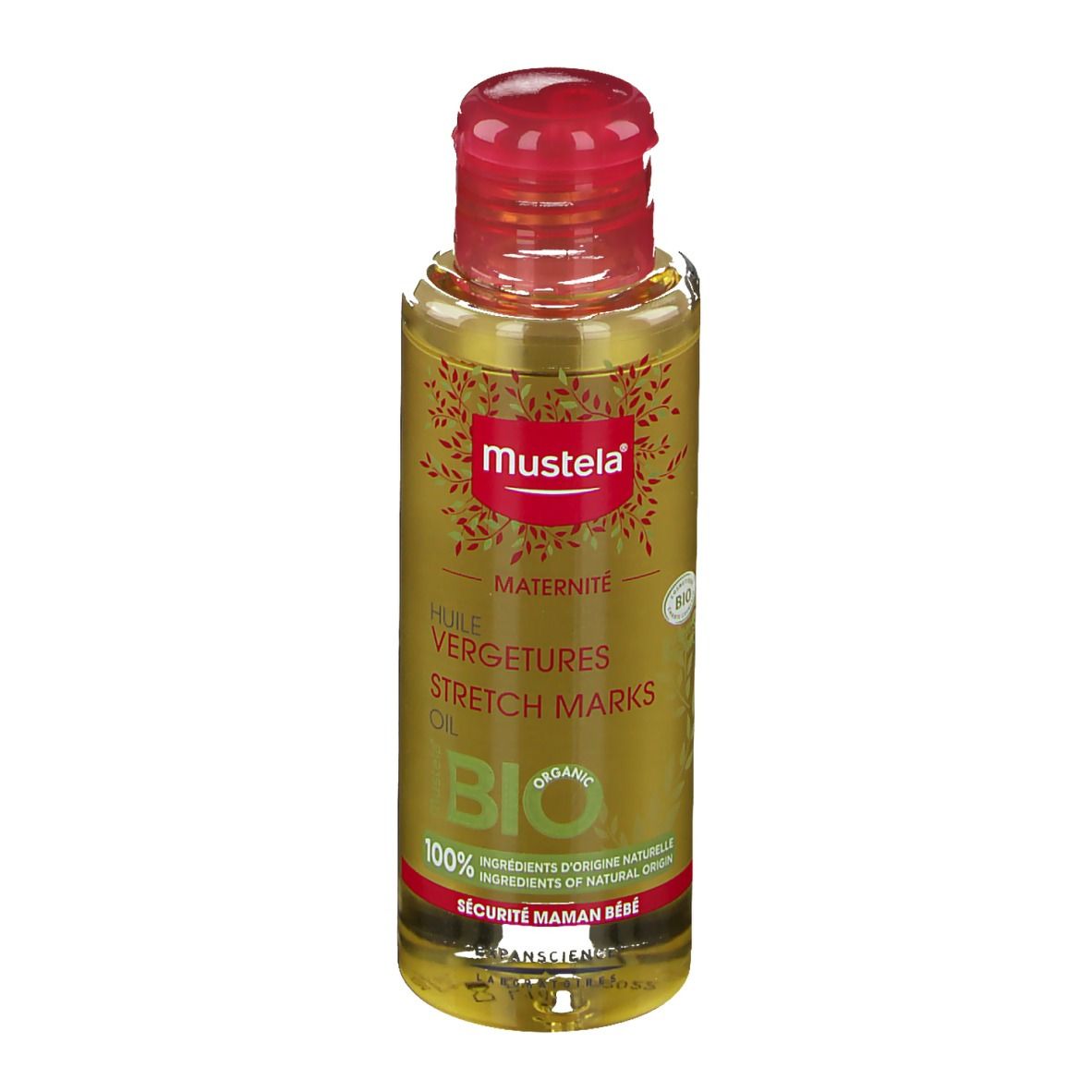 Huile Mustela Maternité. Flacon transparent, bouchon rouge. Étiquette avec texte et label bio.