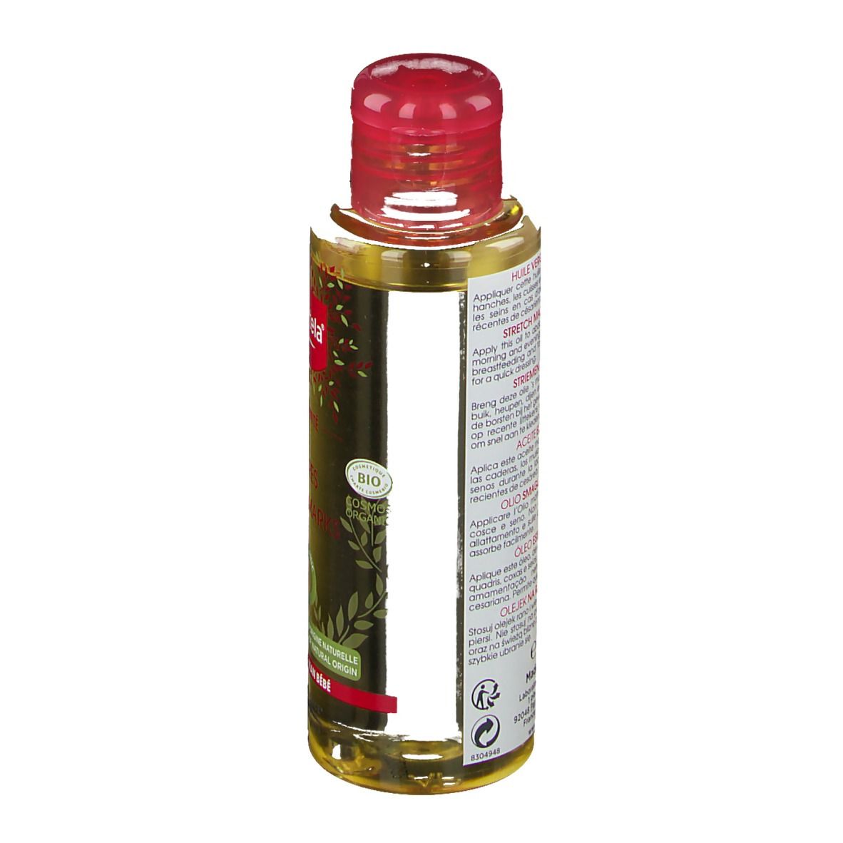 Flacon d'huile Mustela Maternité, vue arrière. Étiquette multilingue. Bouchon rouge.