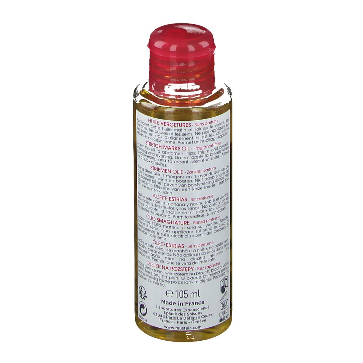 Flacon d'huile Mustela Maternité, vue arrière. Étiquette multilingue. Bouchon rouge.