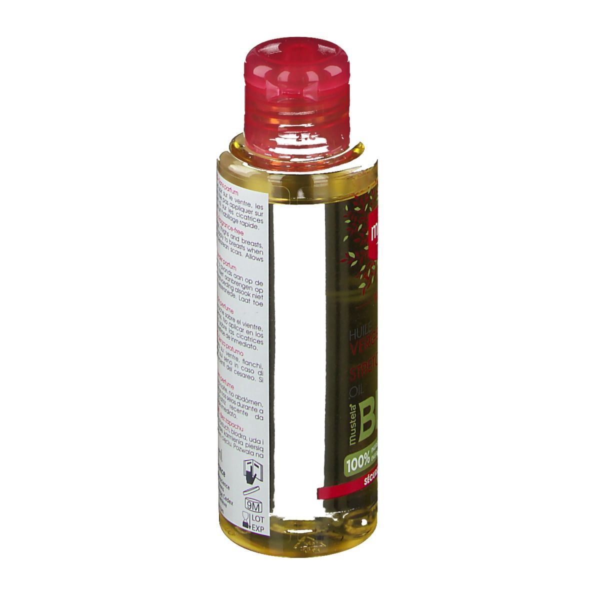 Flacon d'huile Mustela Maternité, vue arrière. Étiquette multilingue. Bouchon rouge.