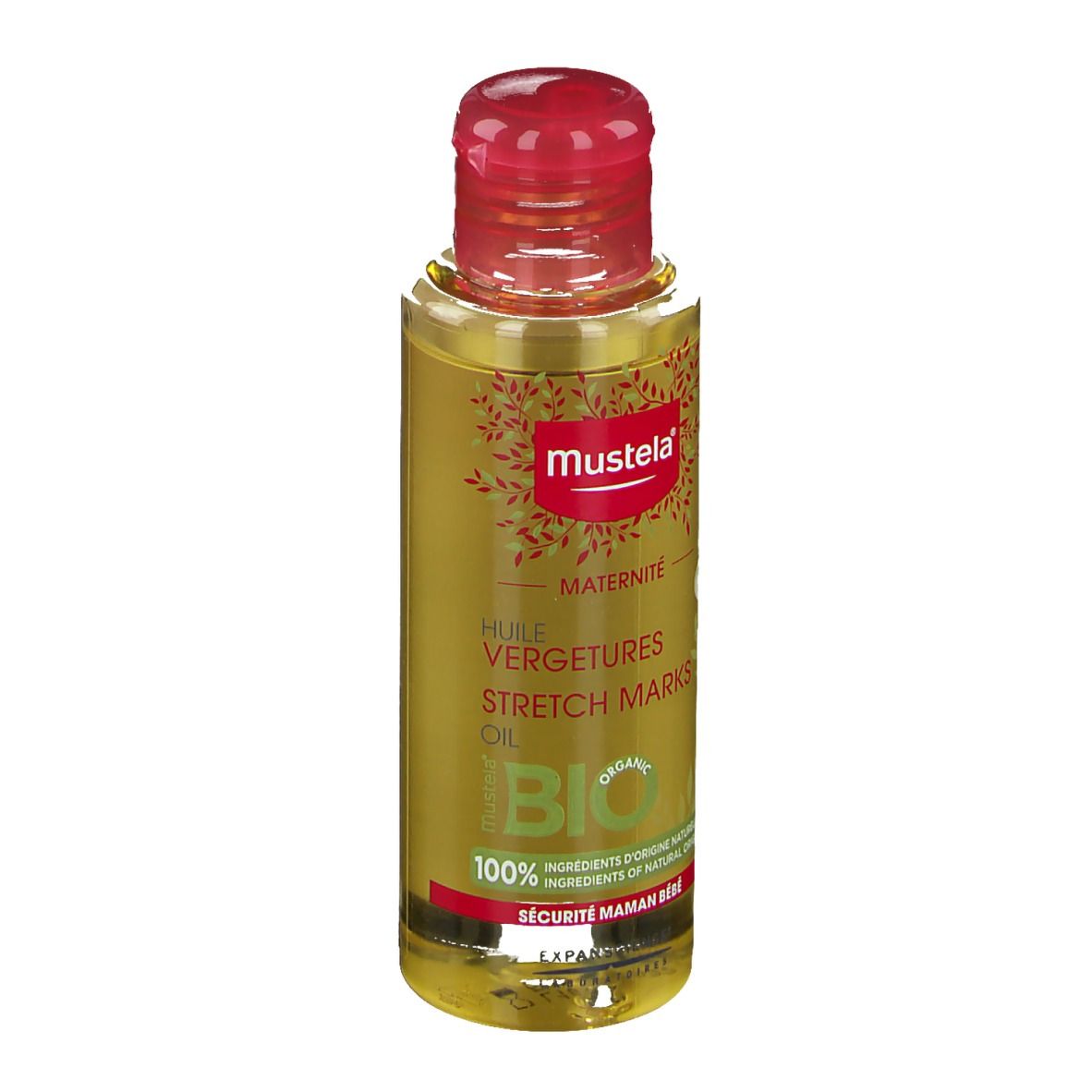 Huile Mustela Maternité. Flacon transparent, bouchon rouge. Étiquette avec texte et label bio.