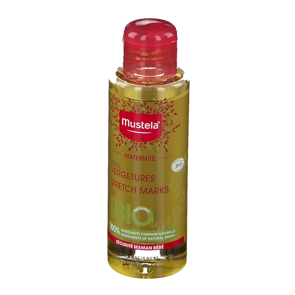 Huile Mustela Maternité. Flacon transparent, bouchon rouge. Étiquette avec texte et label bio.