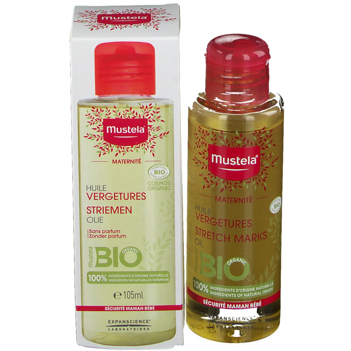 Huile Mustela Maternité et emballage. Flacon et boîte. Bouchon rouge. Label bio.
