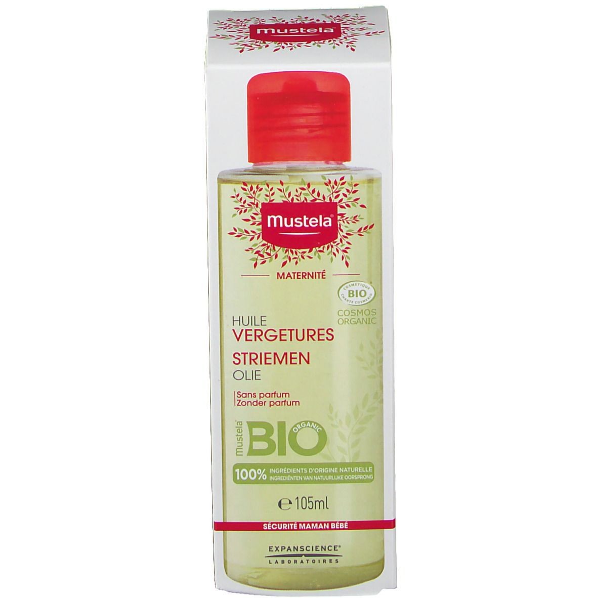 Huile Mustela Maternité et emballage. Flacon et boîte. Bouchon rouge. Label bio.