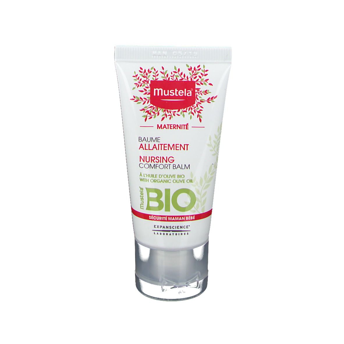 Tube de Mustela® Stillbalsam Bio. Inscription : Nursing Comfort Balm, huile d'olive bio. Tube blanc-transparent, design rouge et vert.