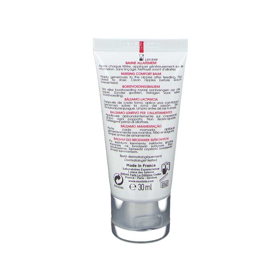 Dos du tube de Mustela® Stillbalsam Bio. Texte multilingue. Contient des informations sur le produit et le fabricant.