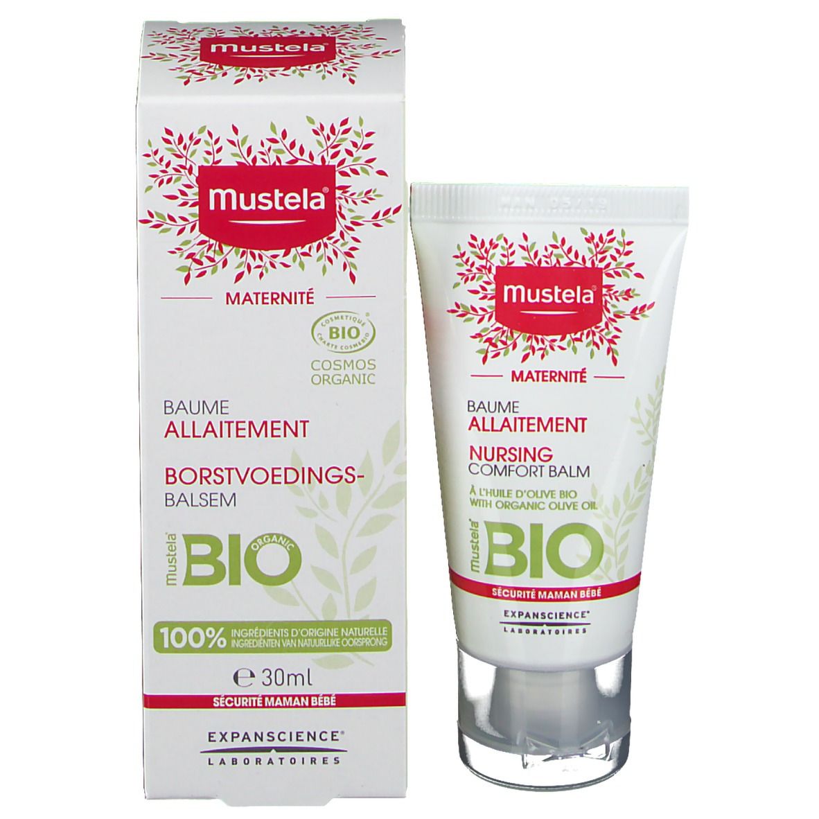 Mustela® Stillbalsam Bio et emballage. Tube et boîte avec design rouge et vert. Inscription : Bio, 30ml.