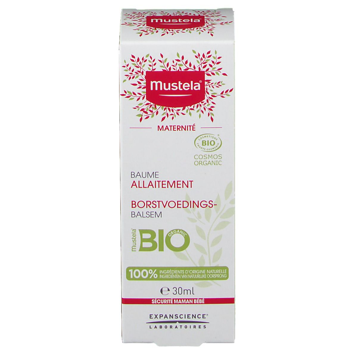 Emballage Mustela® Stillbalsam Bio. Boîte avec design rouge et vert. Inscription : Bio, 30ml. Contient des informations.