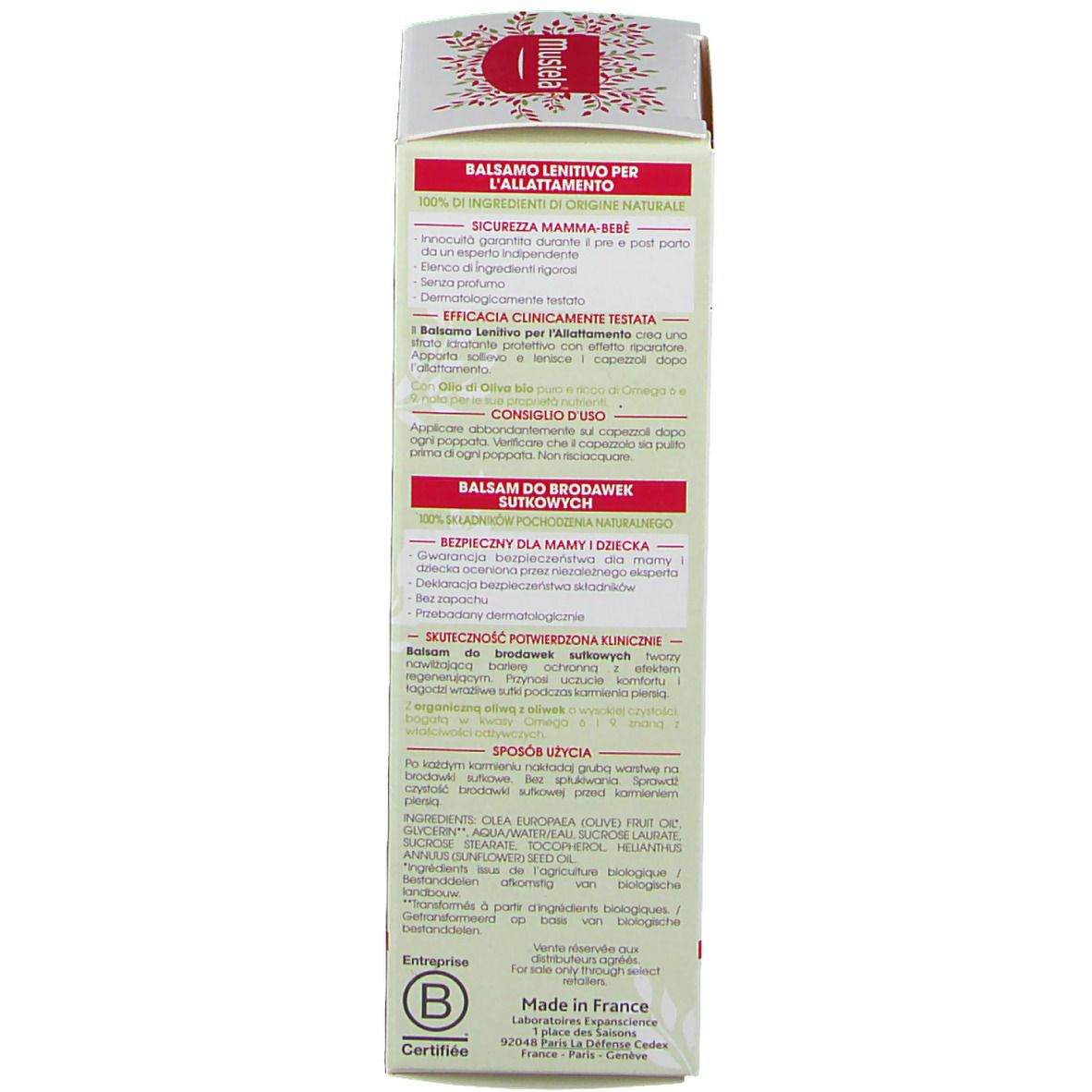 Dos de l'emballage Mustela® Stillbalsam Bio. Texte multilingue. Informations sur le produit et le fabricant.