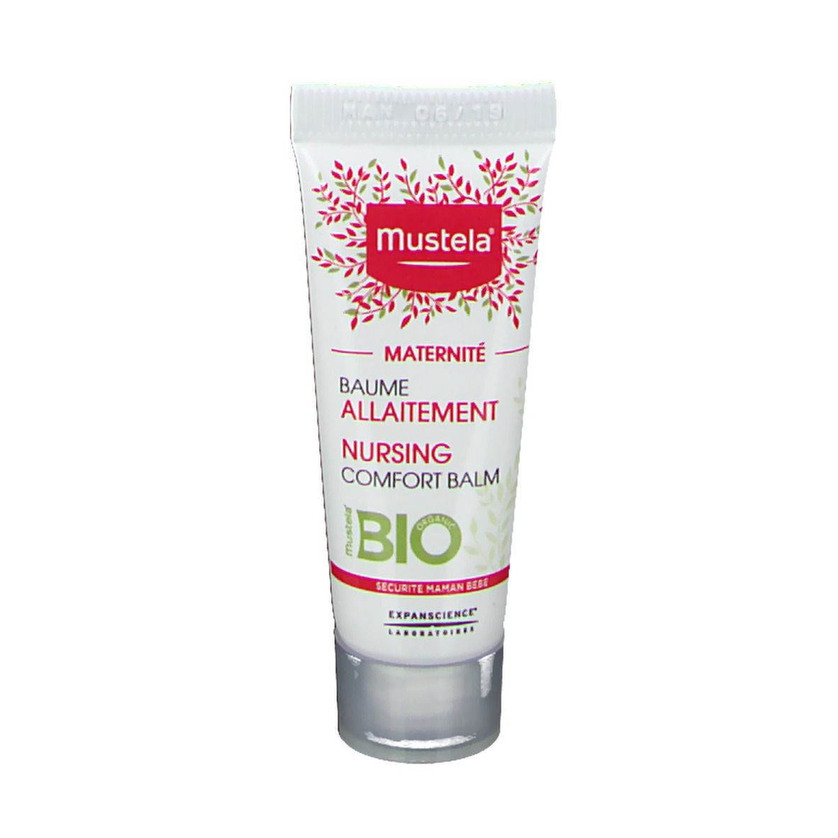 Tube de Mustela, "Maternité Baume Allaitement Nursing Comfort Balm Bio". Inscription et logo.