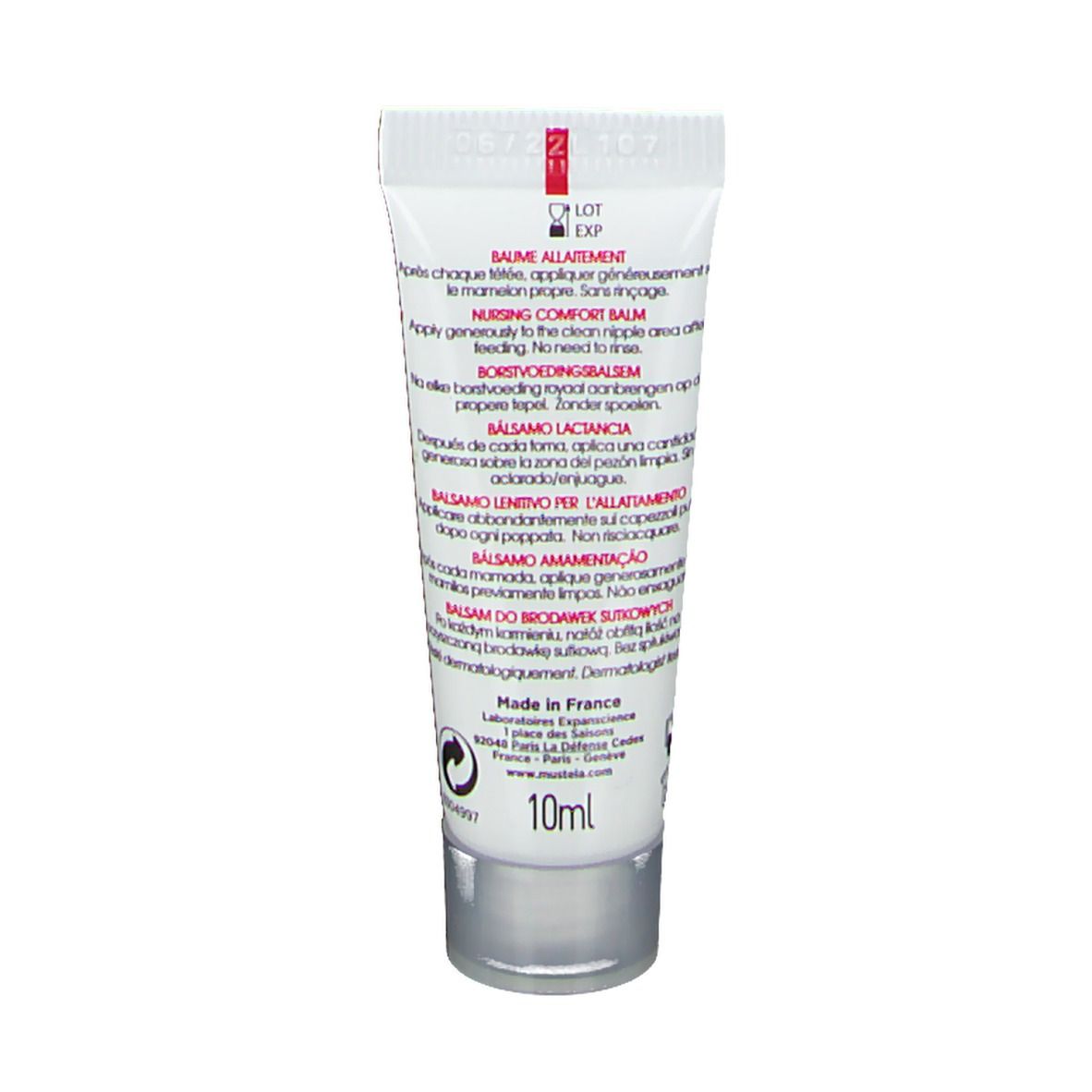 Dos du tube avec texte multilingue. Informations sur le produit et instructions.