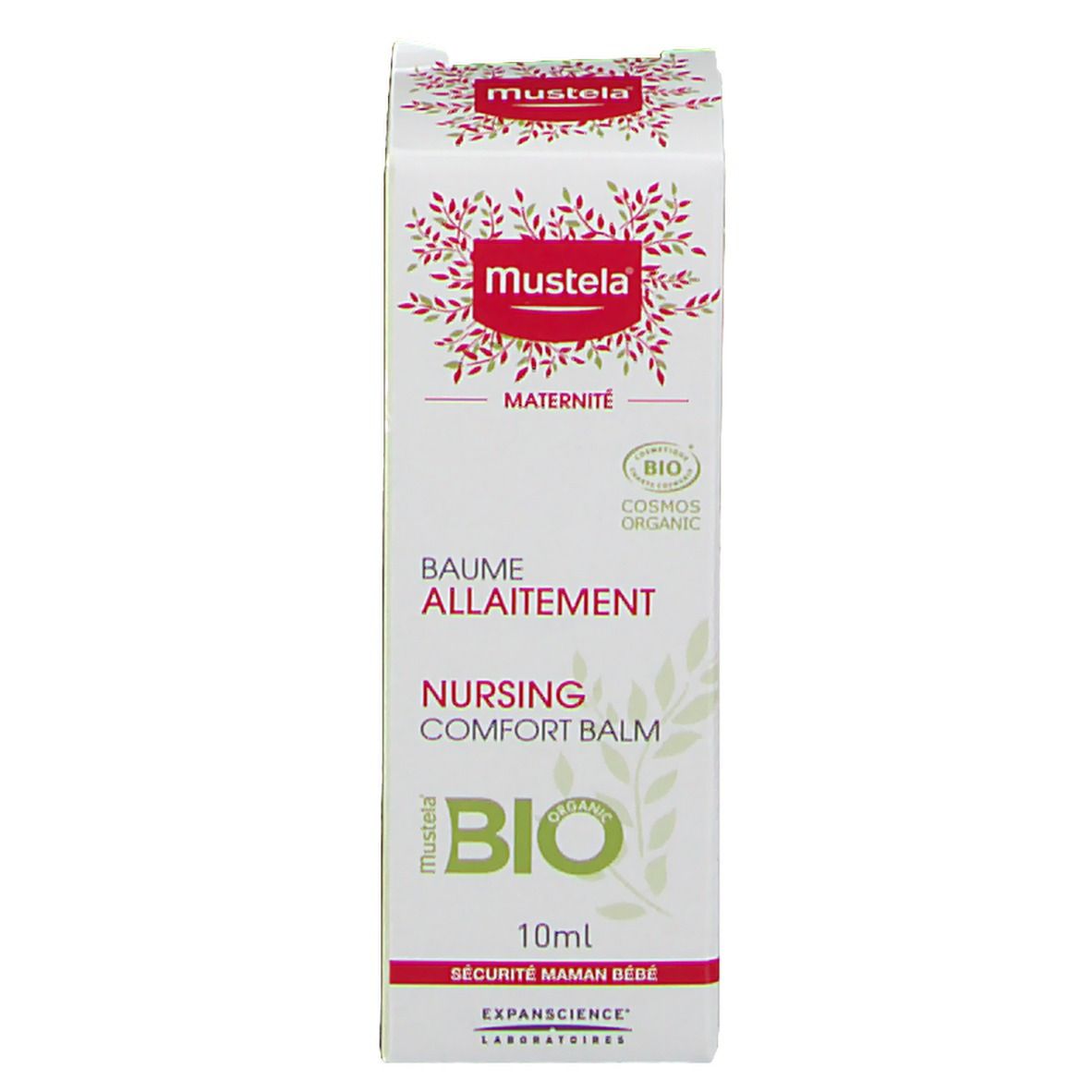 Boîte Mustela, "Maternité Baume Allaitement Nursing Comfort Balm Bio". Logo et texte.