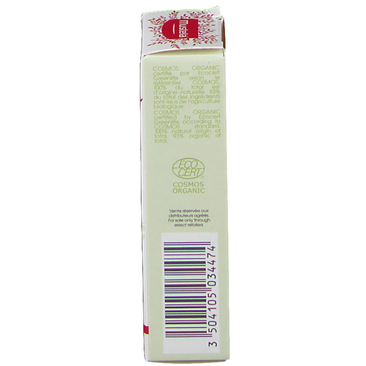 Côté de la boîte avec code-barres et texte. Informations sur le produit.