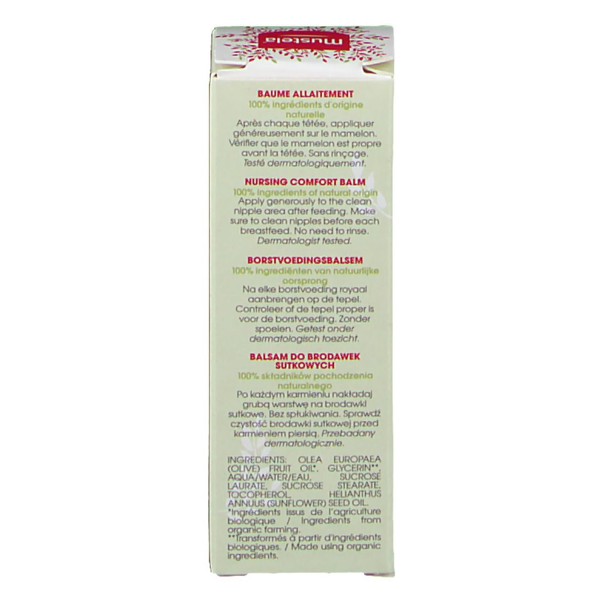 Côté de la boîte avec texte multilingue. Ingrédients et instructions.