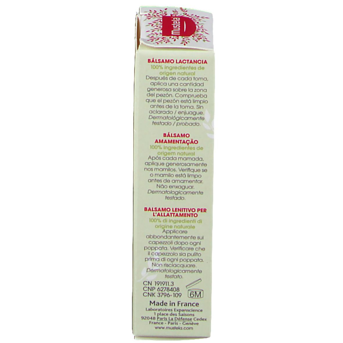 Côté de la boîte avec texte multilingue. Informations sur le produit.