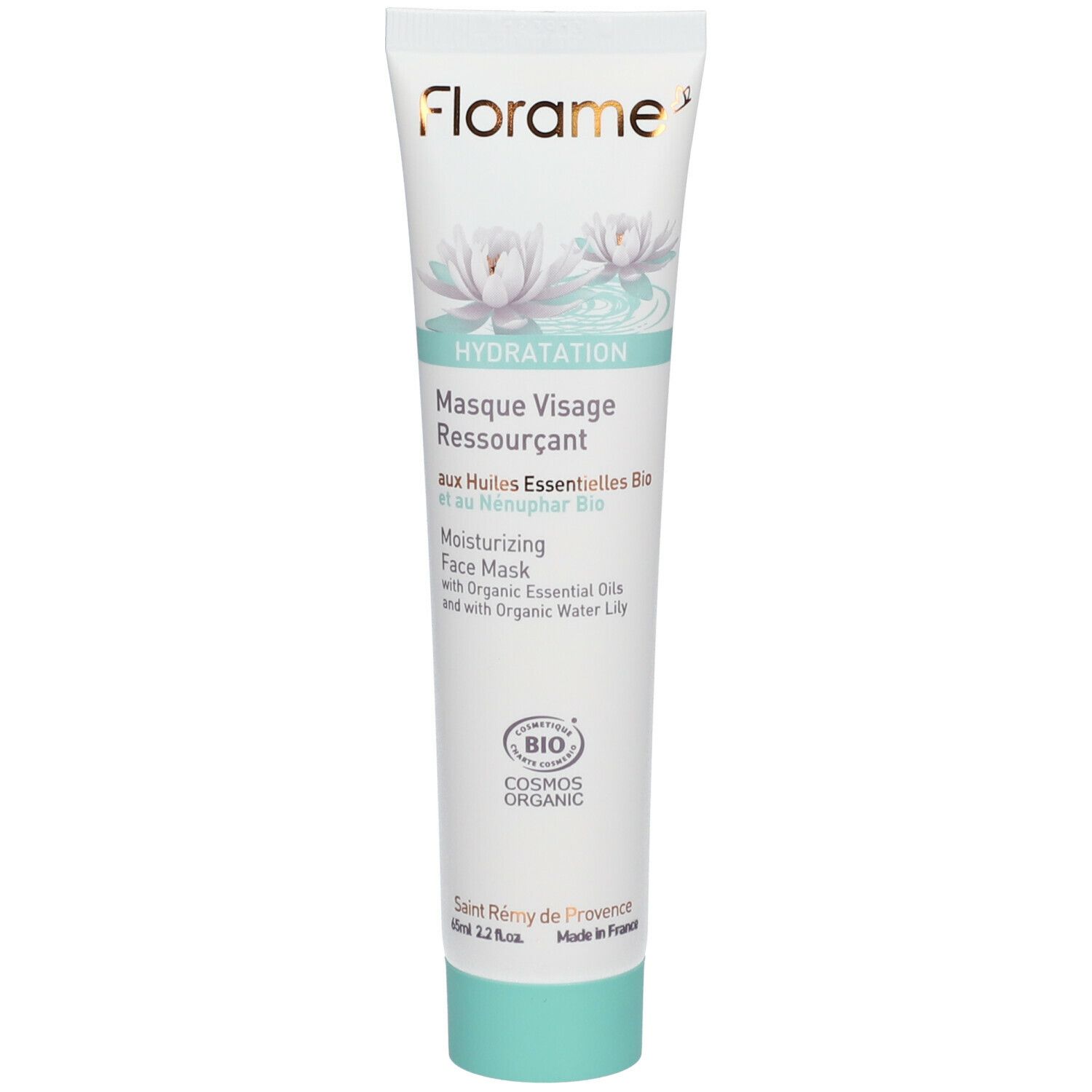 Tube blanc, bouchon vert. Inscription: Florame, Hydratation, Masque Visage Ressourçant, Moisturizing Face Mask. Certification Bio.