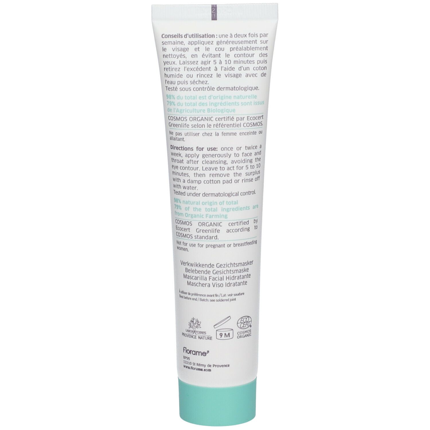 Dos du tube blanc. Texte multilingue. Contient instructions d'utilisation et ingrédients. Certification Bio.