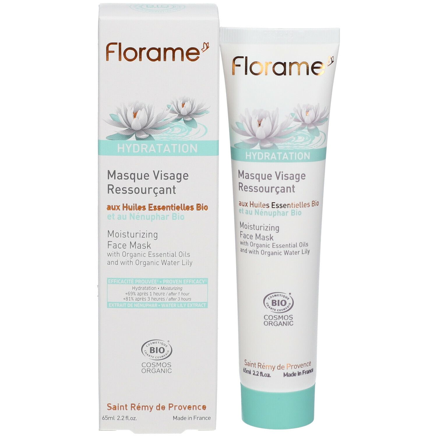 Emballage produit avec tube. Emballage: blanc, vert. Texte: Florame, Hydratation, Masque Visage Ressourçant, Bio. Certification Bio.