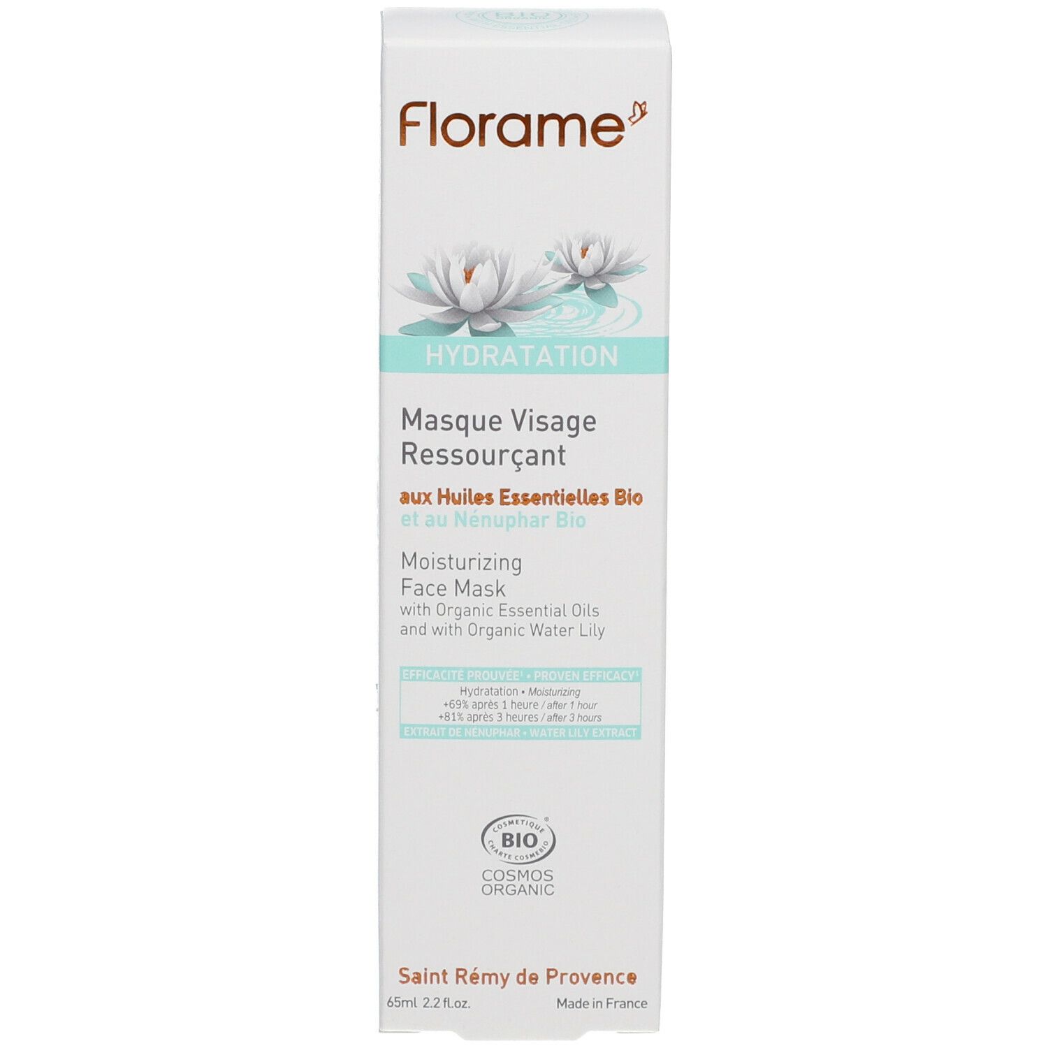 Emballage produit. Blanc, vert. Texte: Florame, Hydratation, Masque Visage Ressourçant, Moisturizing Face Mask. Certification Bio.